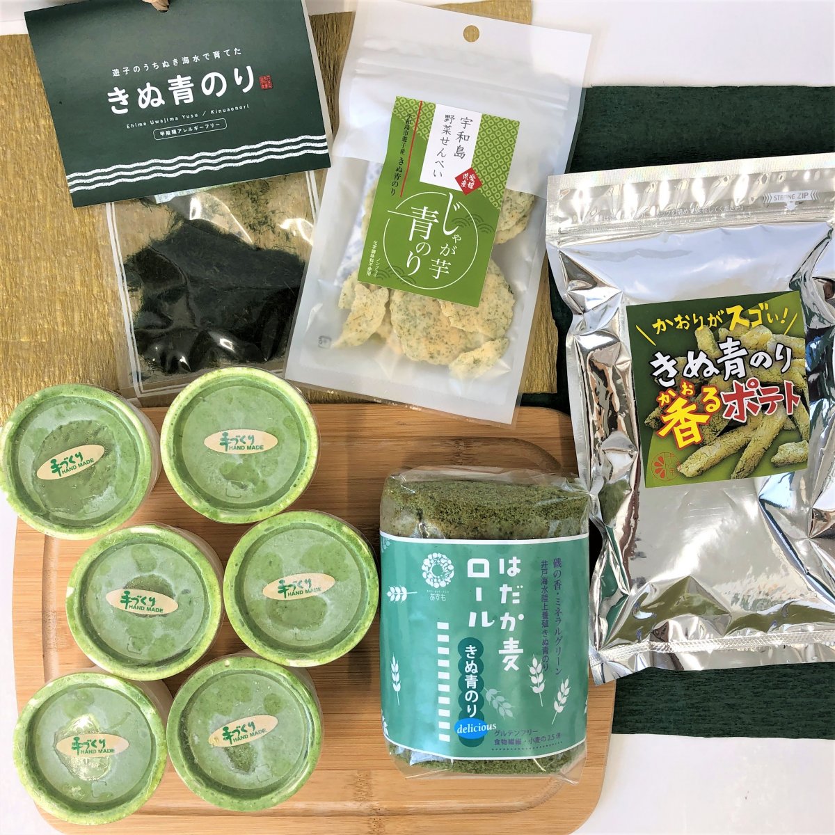 今治で人気！ミルキーウェイさんとコラボジェラート！！クリスマス・お歳暮・年越しギフトに！【きぬ青のりスイーツまるごとセット】　きぬ青のりジェラート6個×はだか麦ロール1種類×宇和島せんべい じゃが芋青のり×きぬ青のり香るポテト×きぬ青のり