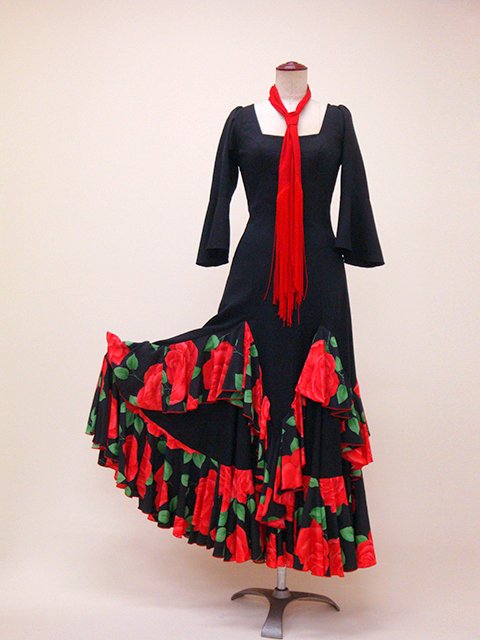 フラメンコ衣装　中古衣装　黒ｘ大輪バラワンピース 　赤　L　お買い得　格安フラメンコ衣装　日本製　ナジャハウス