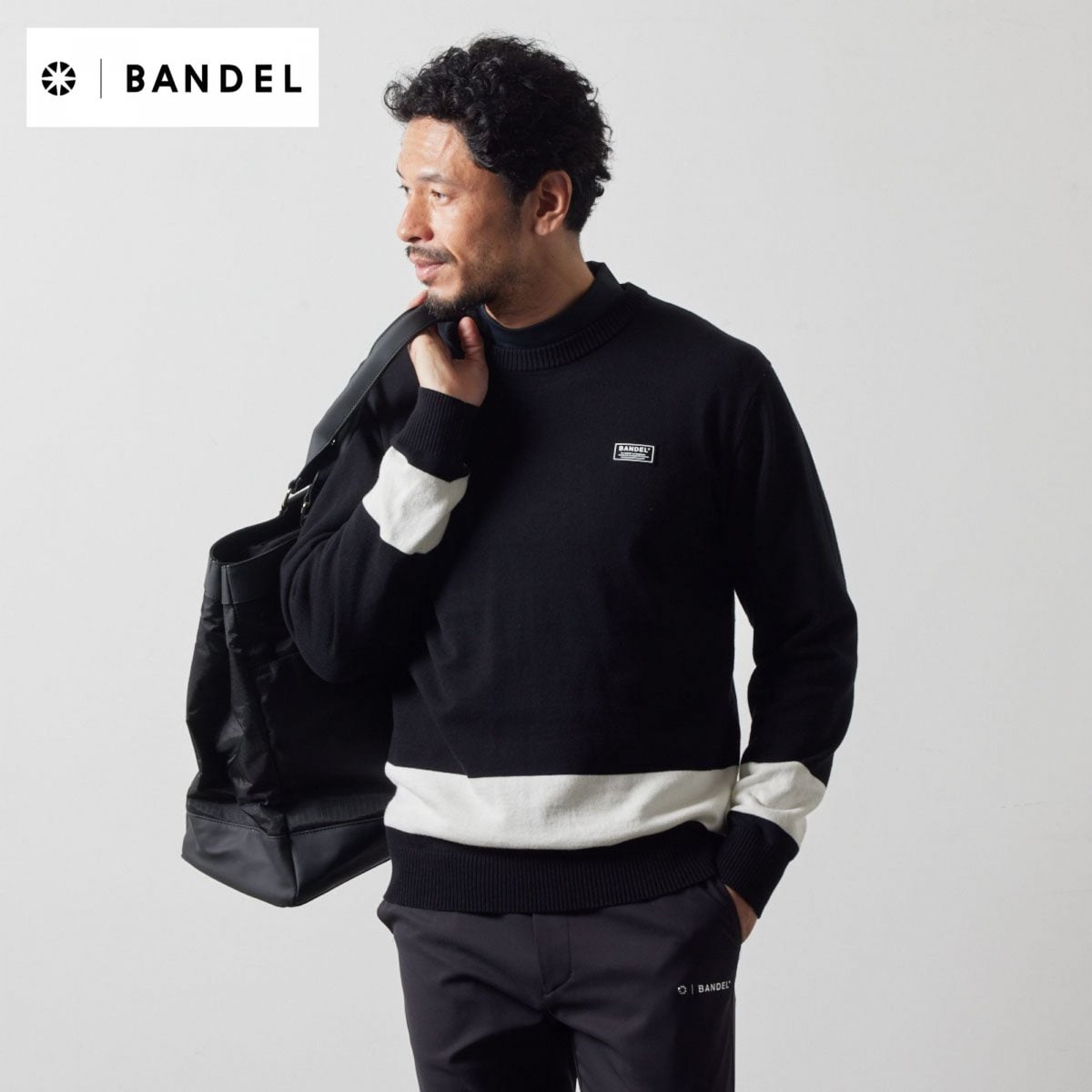 【新品・タグ付き】BANDEL メンズ クルーネックニット バイカラー 黒白 L BANDEL BICOLOR CREWNECK KNIT MENS／バンデル バイカラー クルー