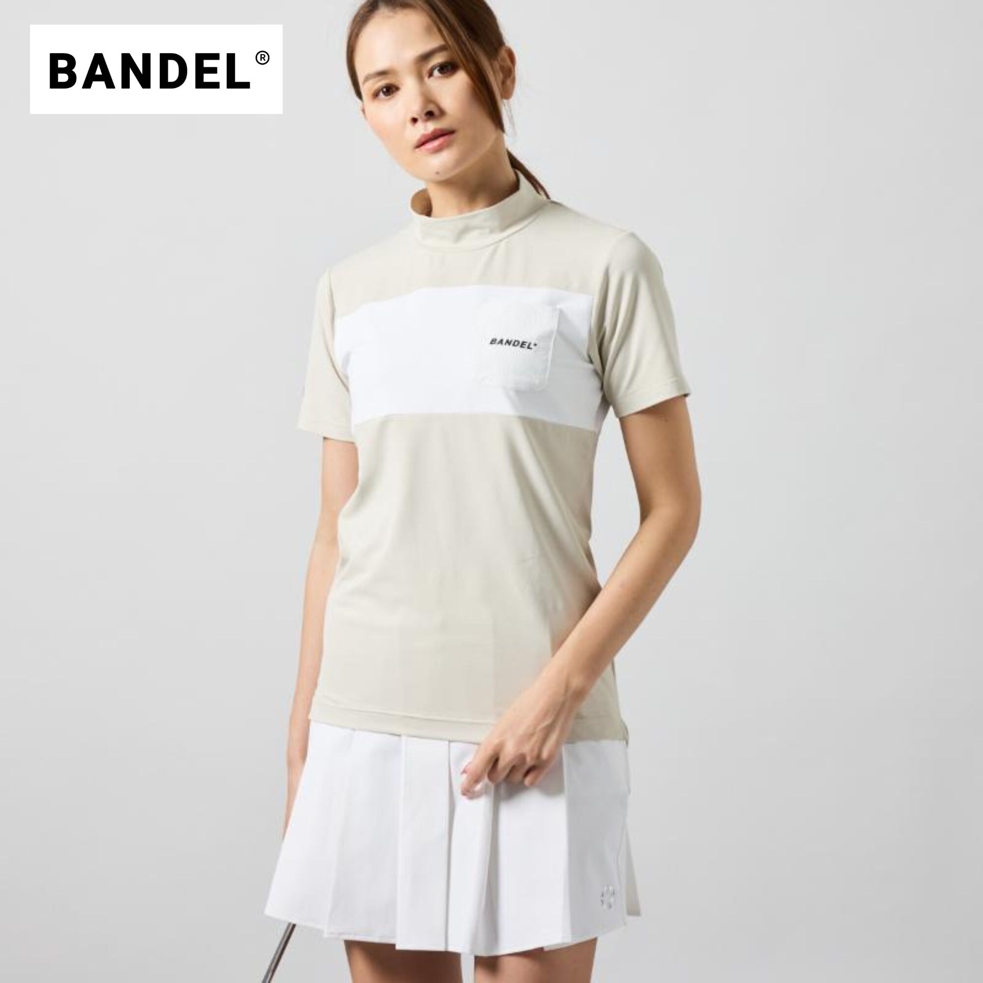 BANDEL WOMENS BICOLOR PATERN S/S MOCK NECK SHIRTS ― バンデル