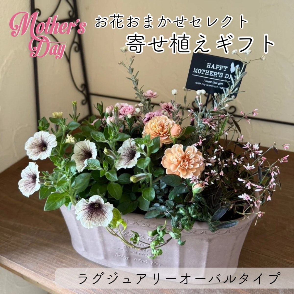 母の日のギフトに｜お花おまかせセレクト母の日寄せ植えギフトLサイズ(ラグジュアリーオーバルタイプ)
