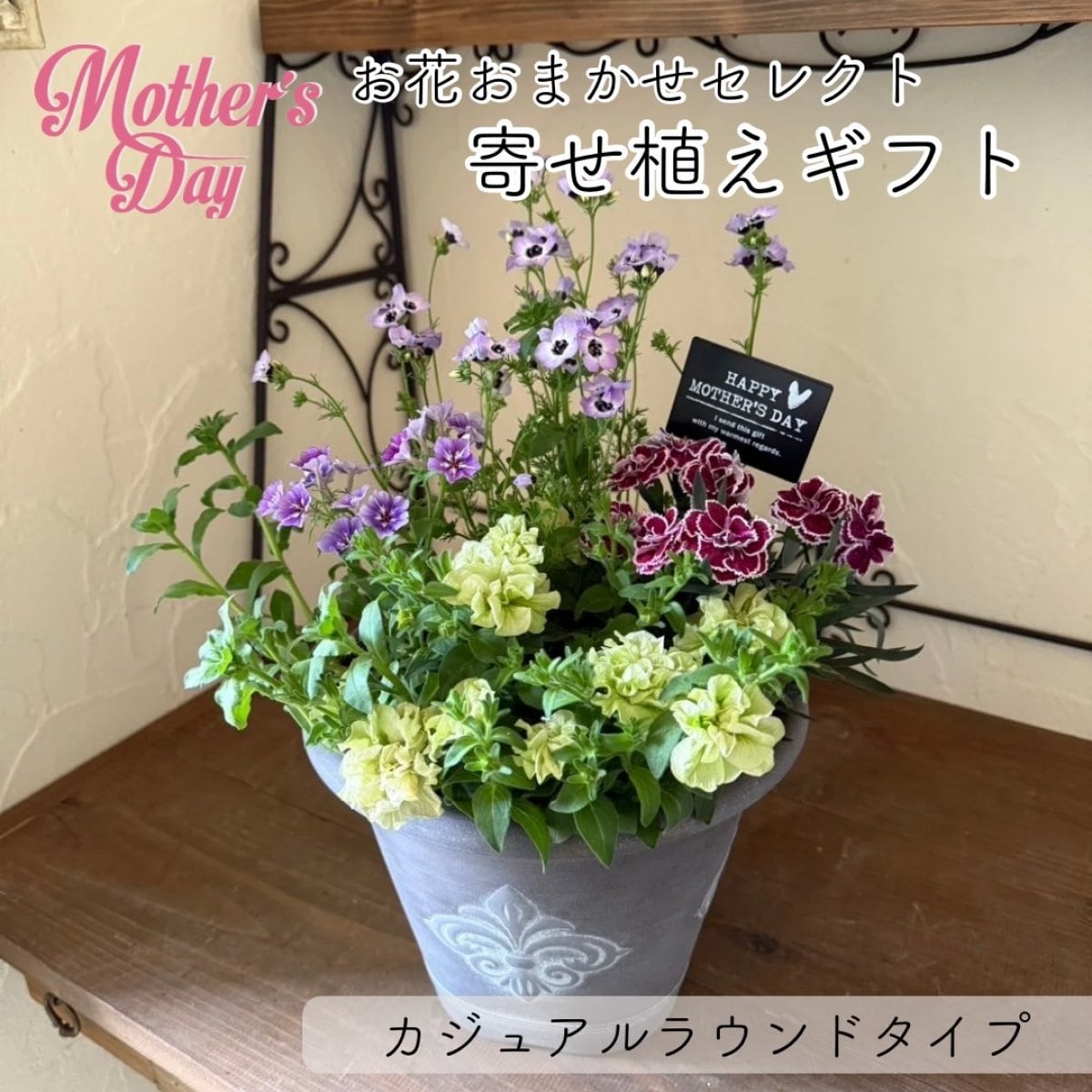 母の日のギフトに｜お花おまかせセレクト母の日寄せ植えギフトMサイズ(カジュアルラウンドタイプ)