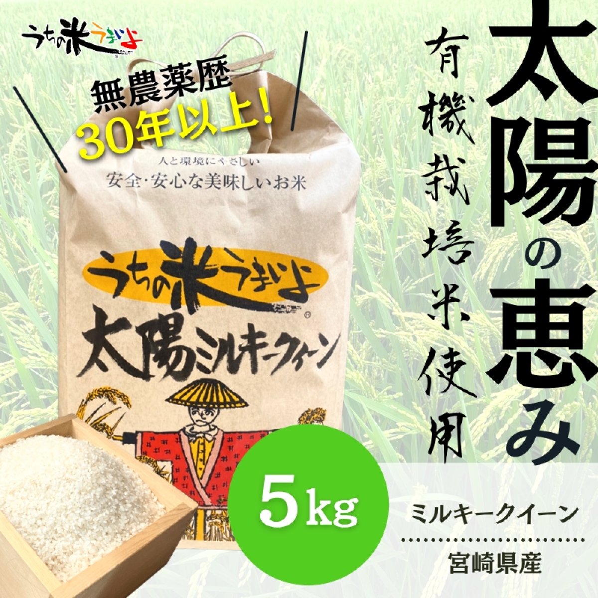 ５Kg 「太陽ミルキークイーン」【有機JAS認定】 30年以上農薬・化学肥料を一切使わずに育てた宮崎県産