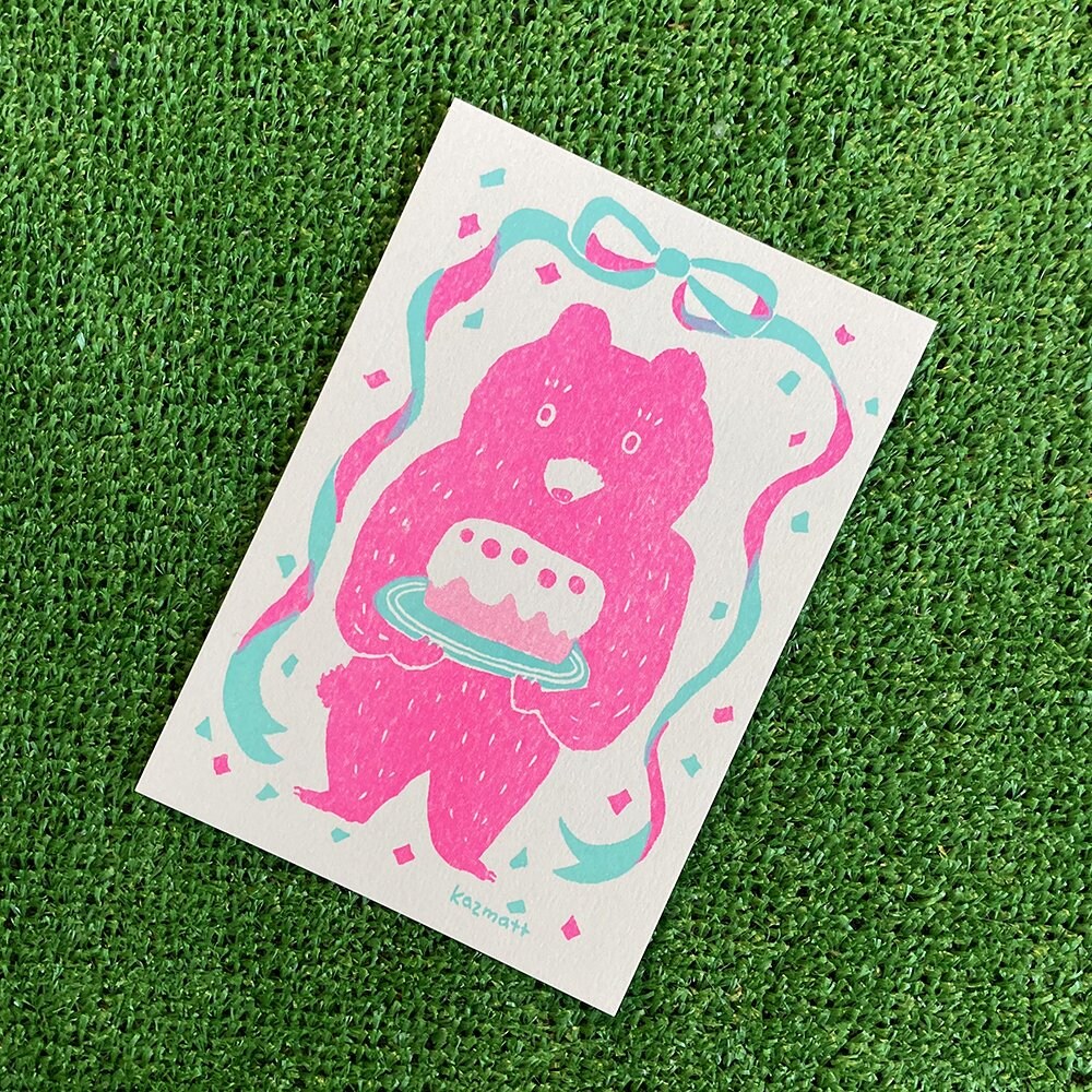 【リソグラフポストカード】H オメデトウクマ/Cake Bear