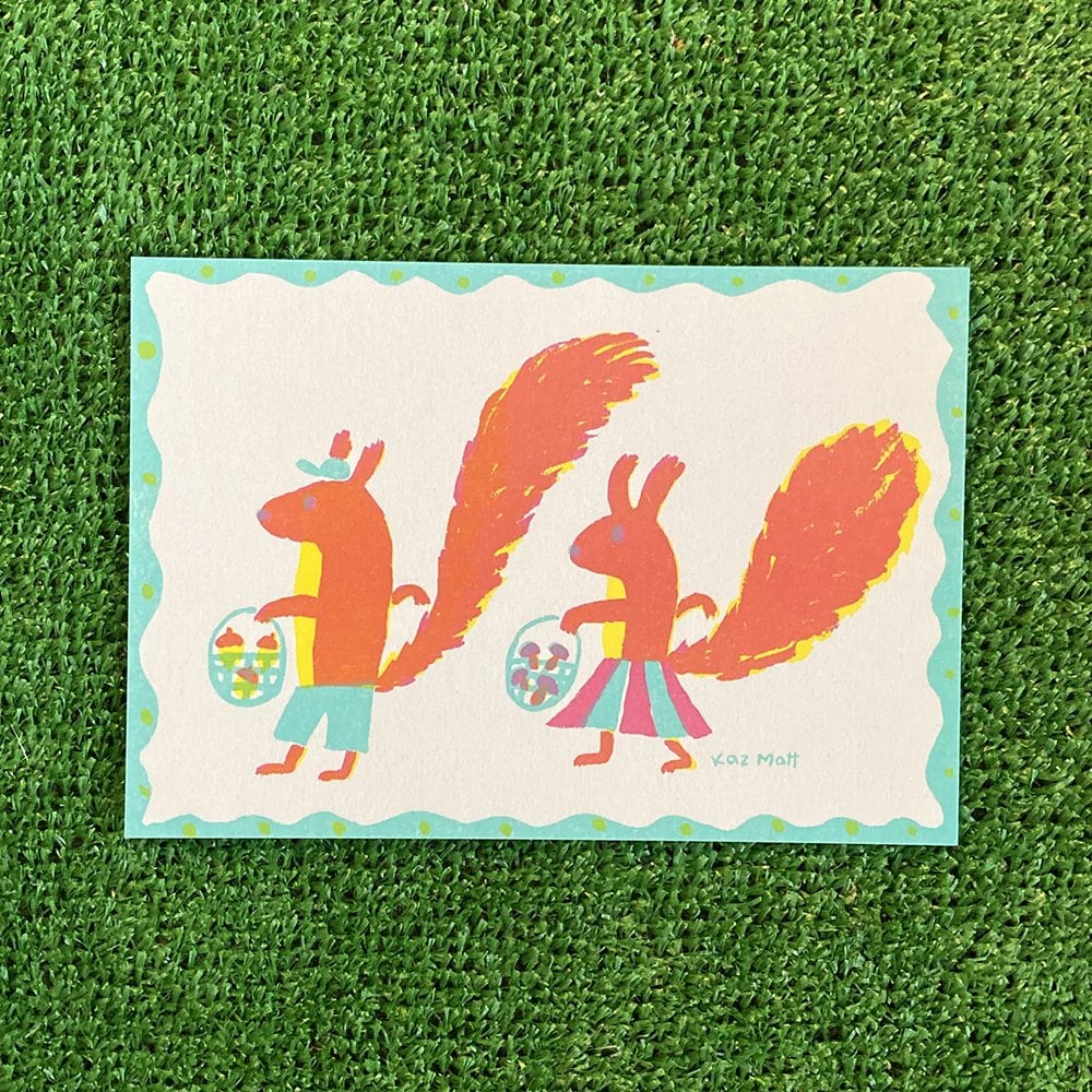 【リソグラフポストカード】E リスのお散歩/Two Squirrels
