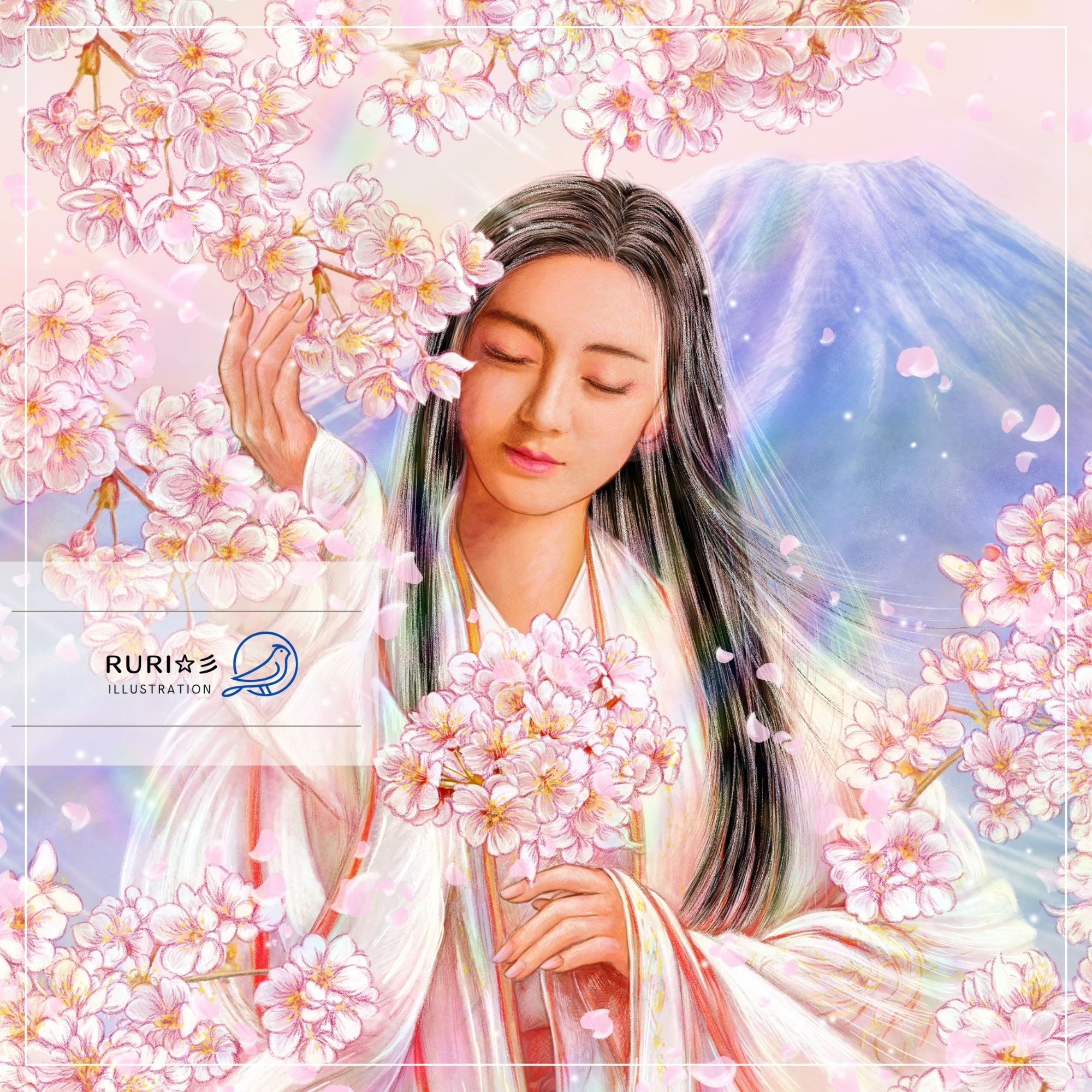user_5e436d8a【AIアート】白龍と花の姫シリーズ3点木花咲耶姫 白龍神(木花咲耶姫の守護龍）富士龍 かっこいい龍のイラスト