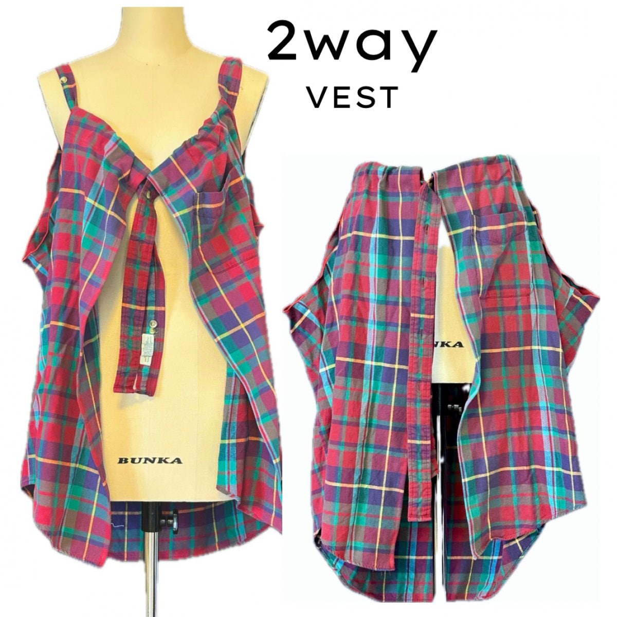 tres_mingle】シャツ2wayベスト(red×green check)