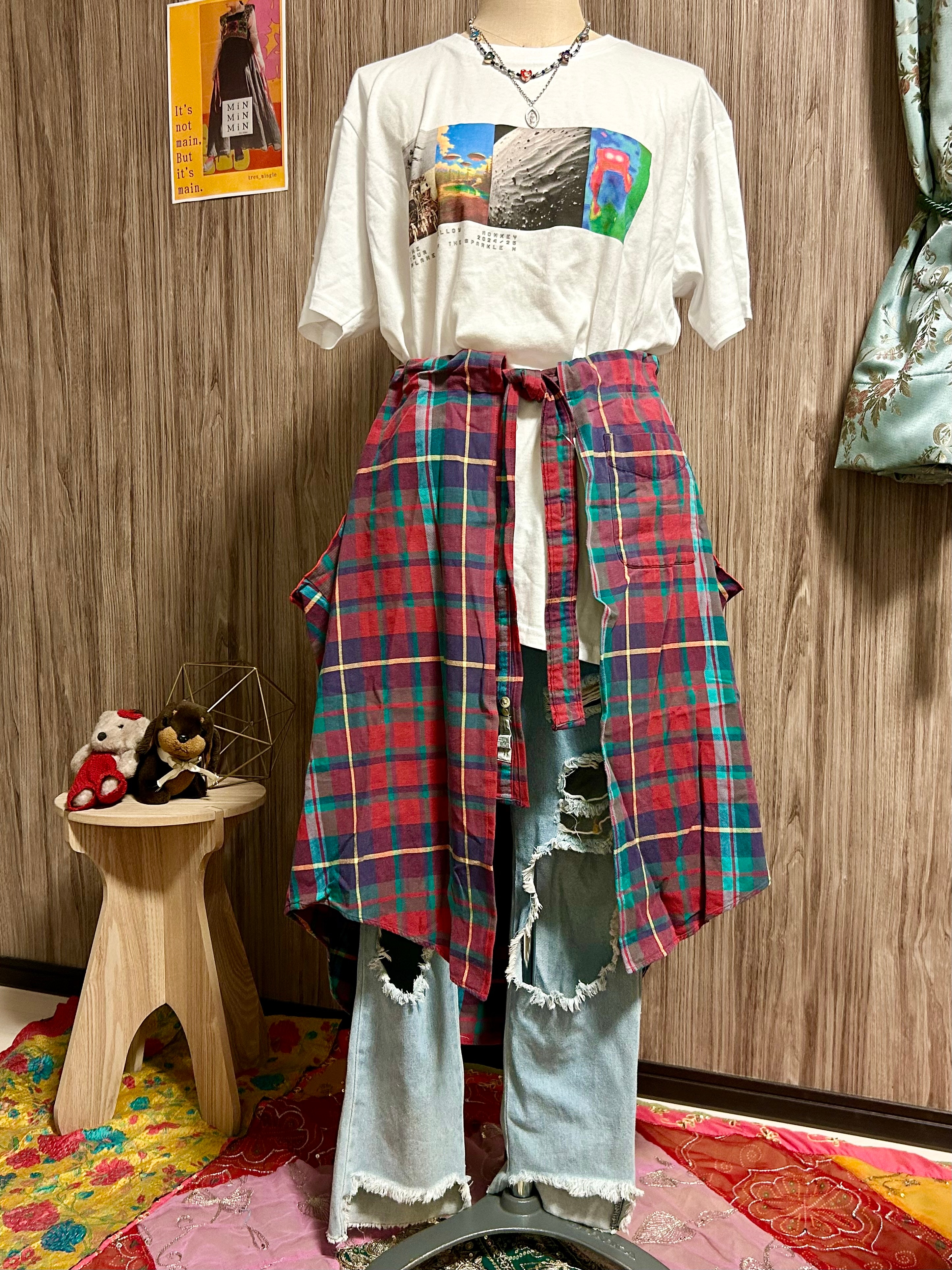 tres_mingle】シャツ2wayベスト(red×green check)