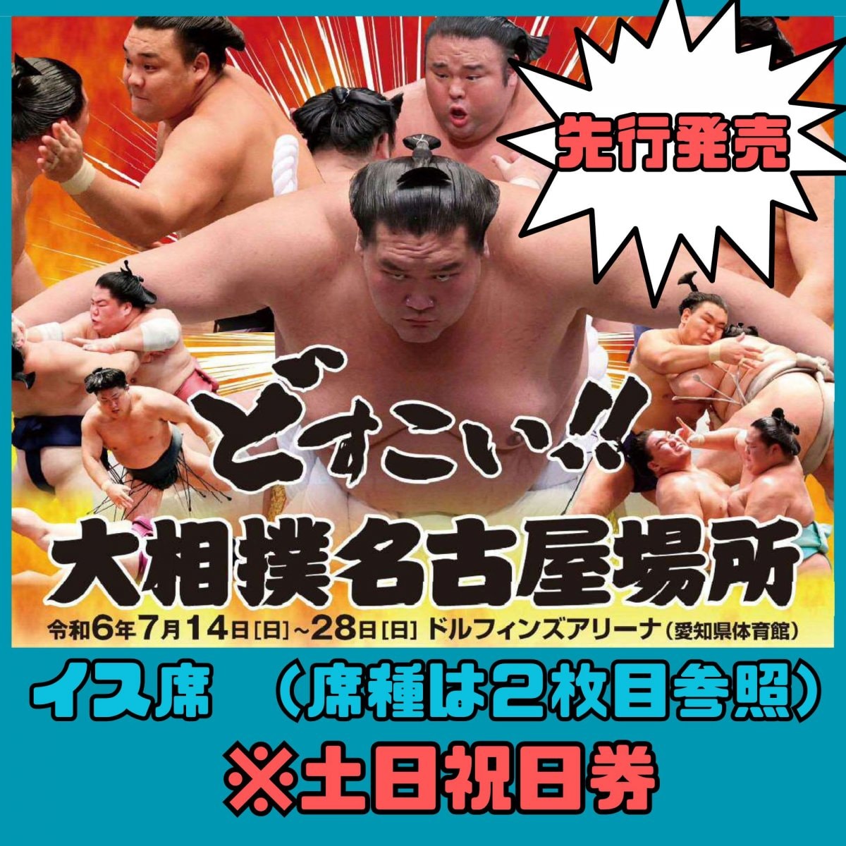 【先行販売】令和6年大相撲名古屋場所・各種イス席　土日祝開催分　　愛知県体育館（ドルフィンズアリーナ）（愛知県）　2024/7/14(日)〜7/28(日)開催　2024/5/21(火)10:00先行発売開始 　2024/5/24(金)12:00受付締切【発券手数料なし】