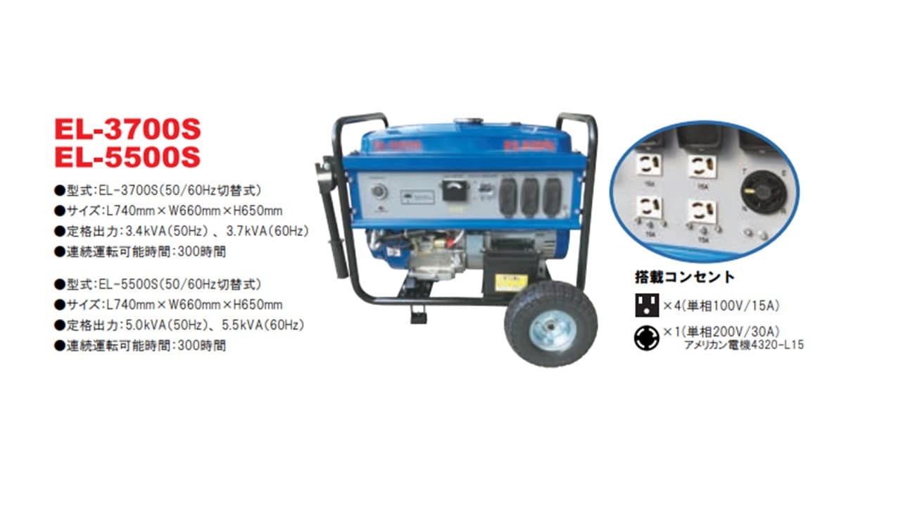 エレオン ハイブリッド発電機（ガソリン・プロパンガス利用可能） ＥＬ-５５００T 単相１００V／（出力4.5kVA（50Hz）5.0kVA（60Hz））  三相２００V／（出力5.0kVA（50Hz）5.5kVA（60Hz）） 使用場所例：工場・商店・クリニック・スーパー・コンビニなど