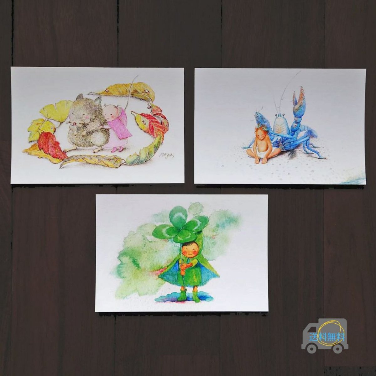 かわいい小人のイラストハガキ３枚セット 送料無料 希夙のオリジナル 絵本のようなイラストを印刷しハガキにしました