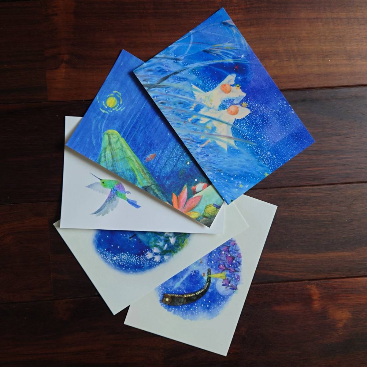 宮澤賢治 童話の世界 イラストカード５枚セット　銀河鉄道の夜や双子の星などを絵本の世界のようなイラストにして印刷したイラストカード