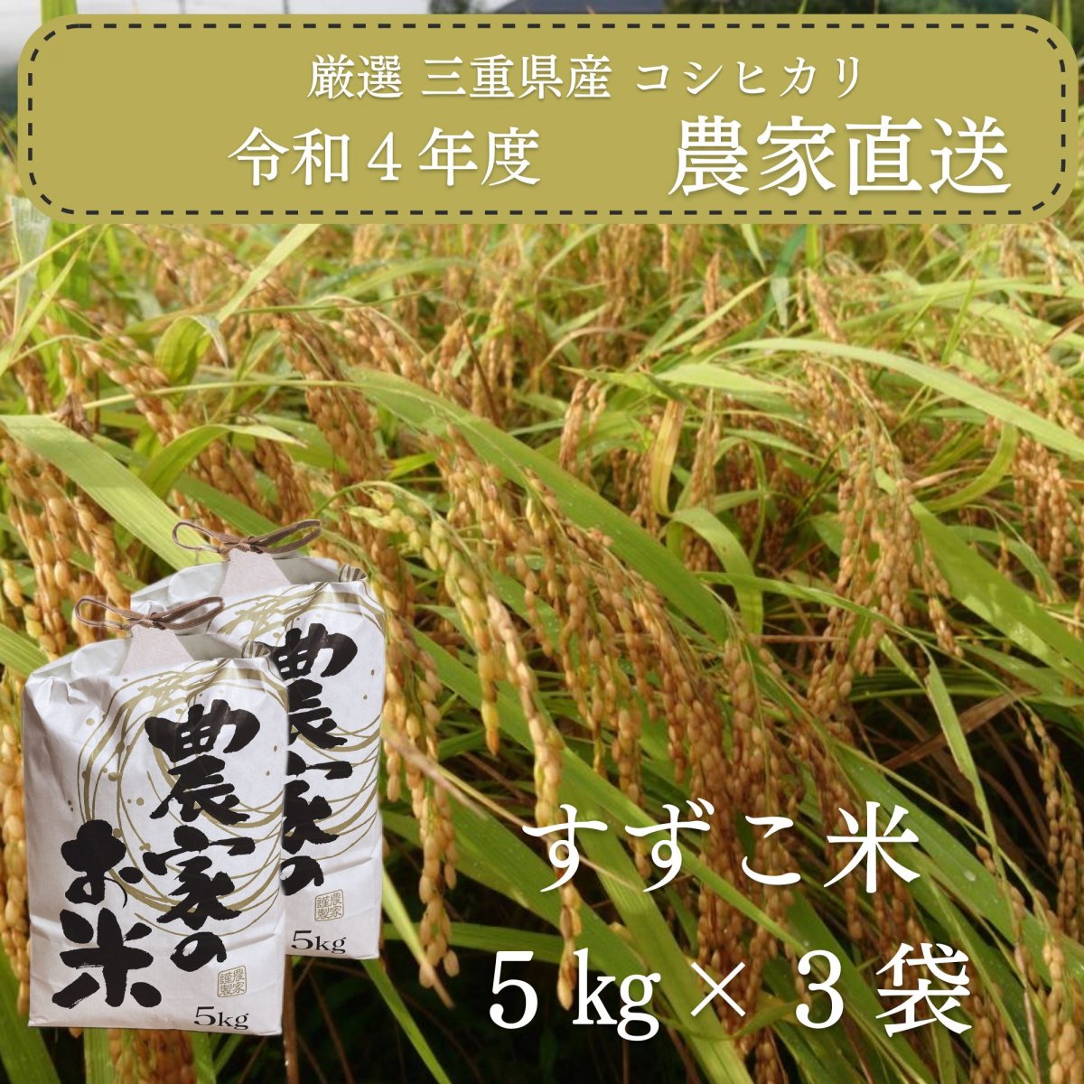 令和4年度 三重県産 コシヒカリ 10代目農家すずこが作った『すずこ米』 米袋入り 15㎏（5㎏×3袋）