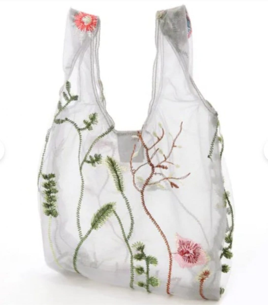 【SALE】フラワー刺繍　オーガンジーくり手バッグ　グレー