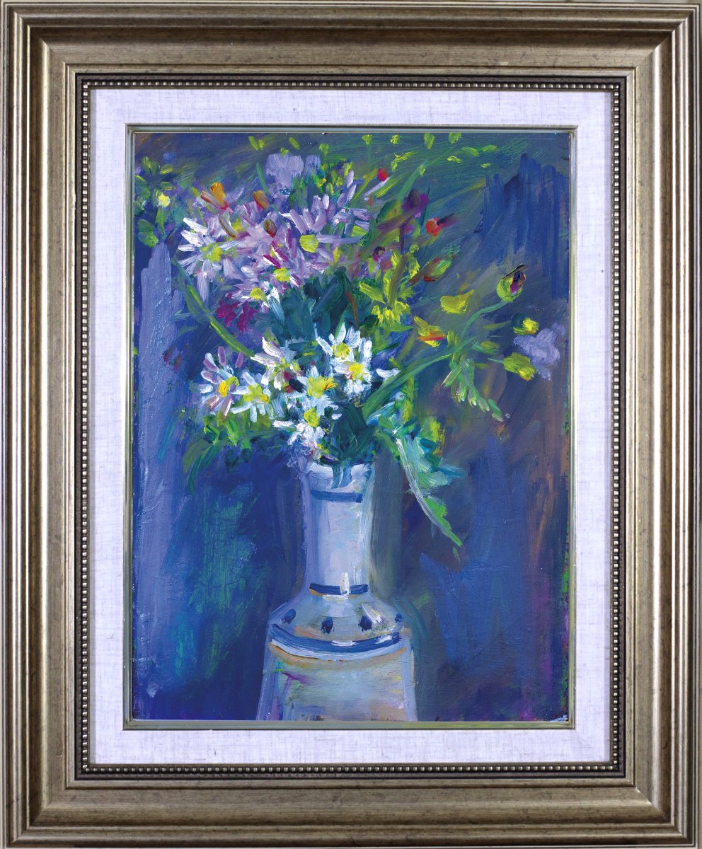 真作】絵画 横山和忠 油彩6号 花と民家（森） 逸品 T106
