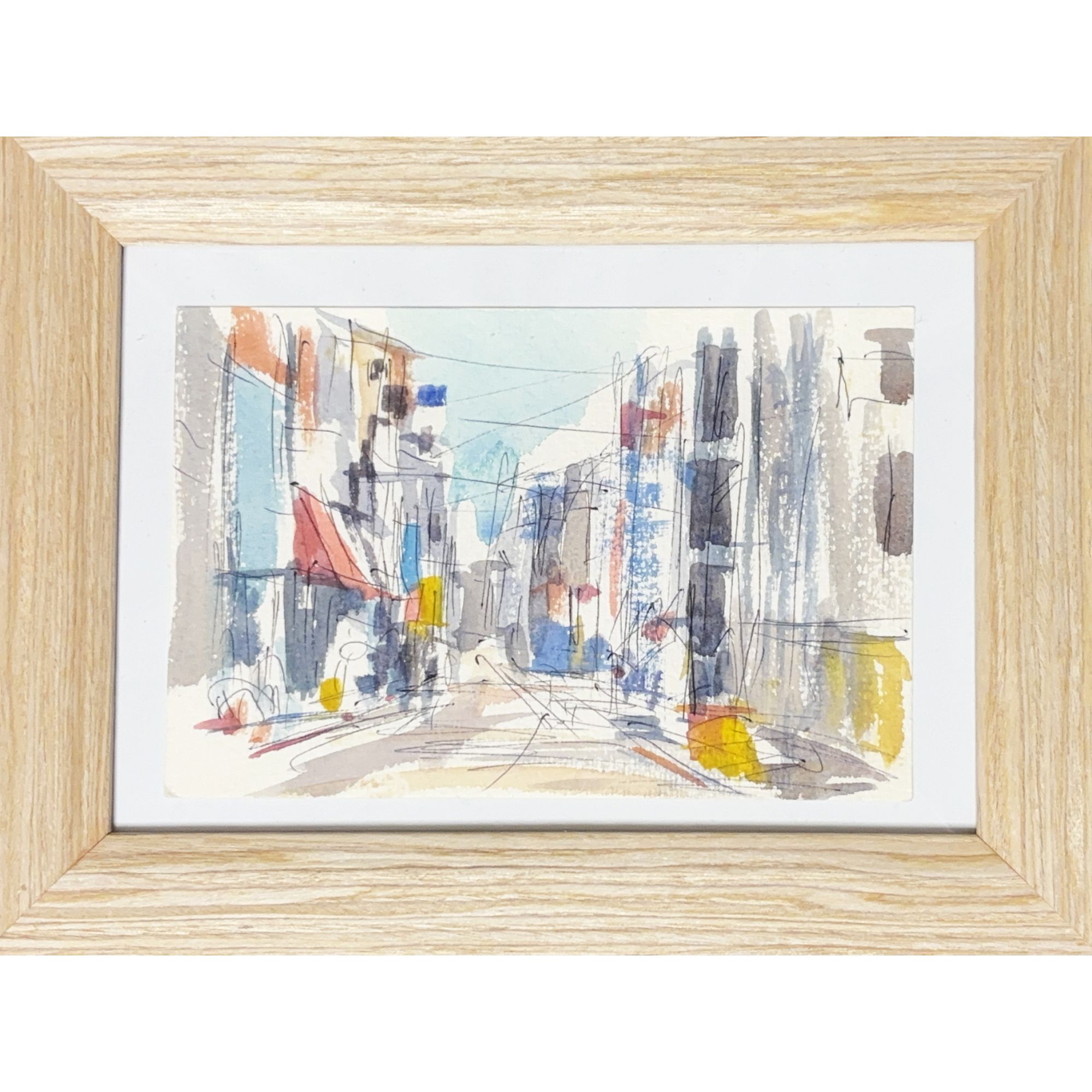 水彩｢にぎあう街並｣横山和忠作/額入り