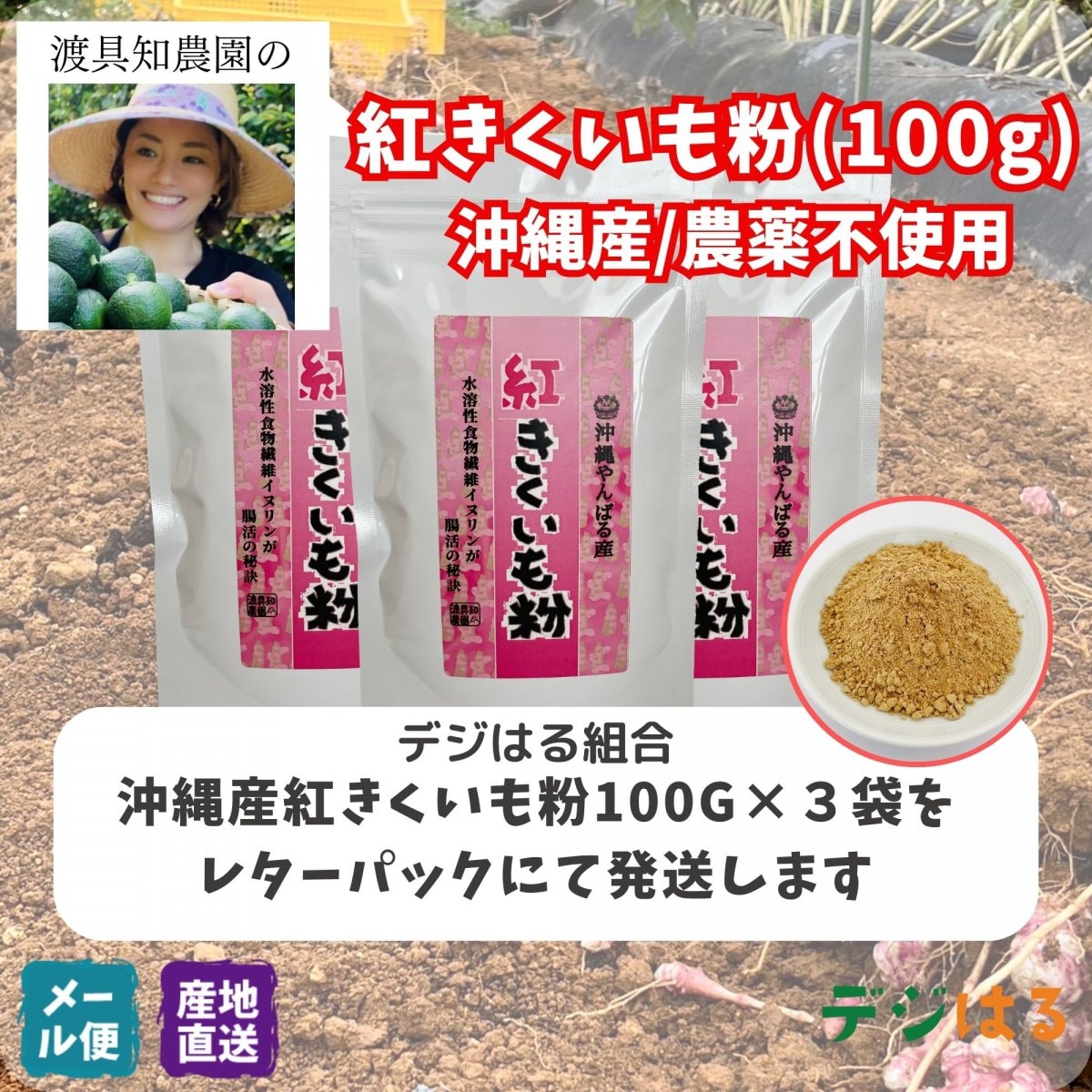 【送料込】紅きくいも粉100g×3袋｜沖縄産（無農薬）