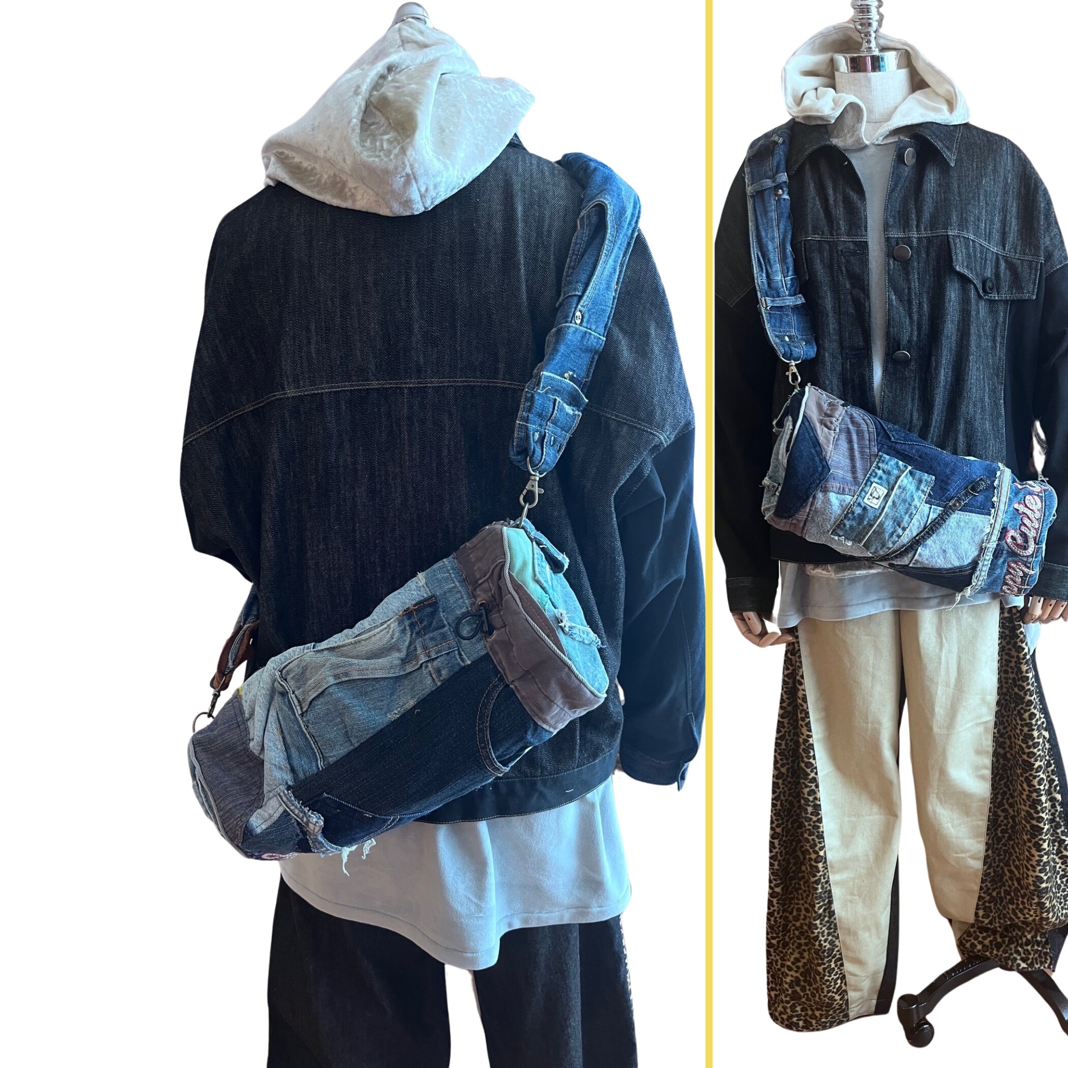 英字刺繍のデニムリメイクのドラムバッグ 一点物 ハンドメイド 