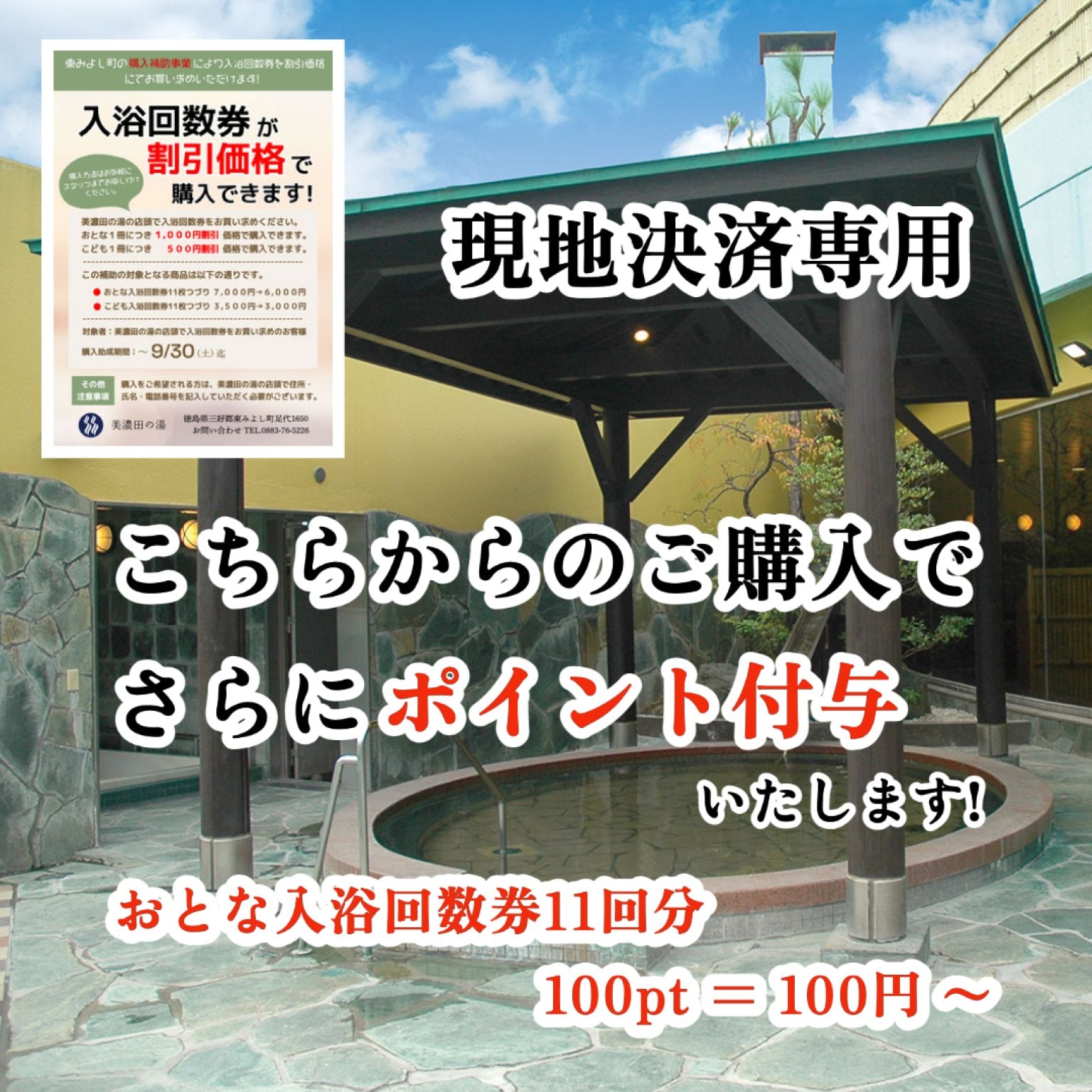 東みよし町購入補助｜現地決済専用｜【11回分】（おとな用）美濃田の湯 入浴回数券