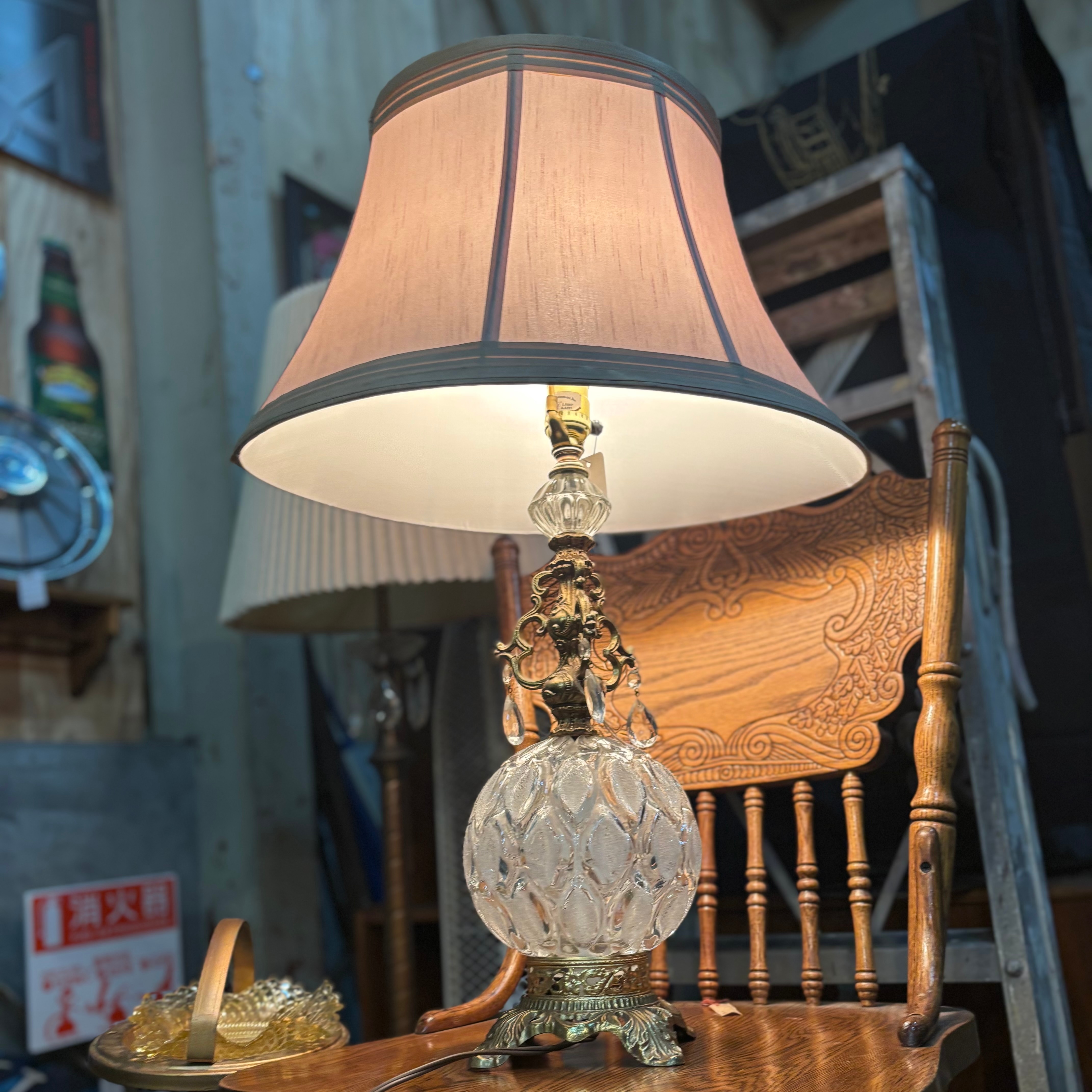 Vintage Crystal & Brass Table Lamp with Fabric Shade
