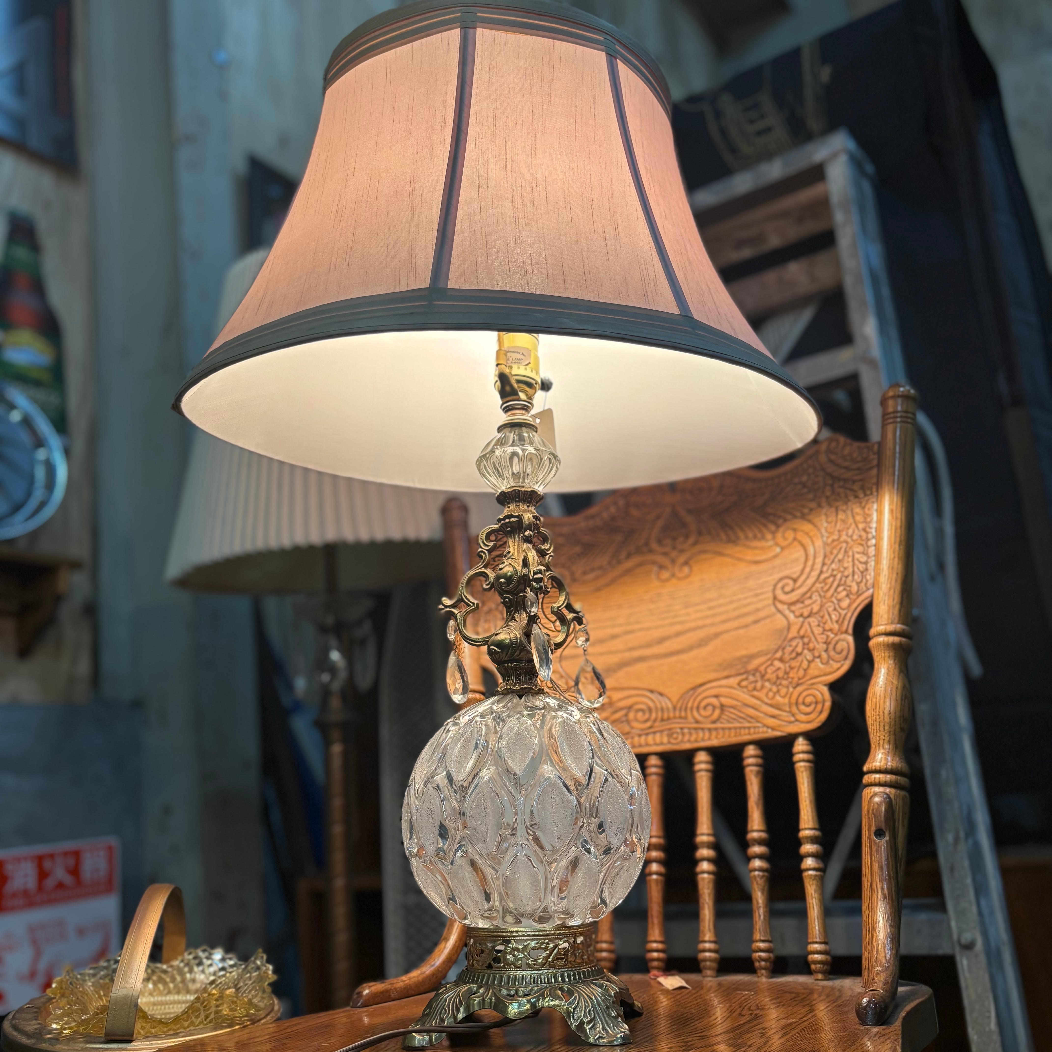 Vintage Crystal & Brass Table Lamp with Fabric Shade