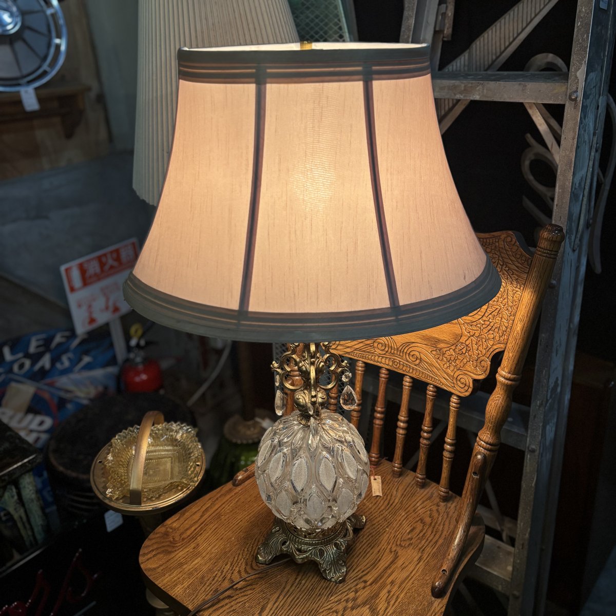 Vintage Crystal & Brass Table Lamp with Fabric Shade