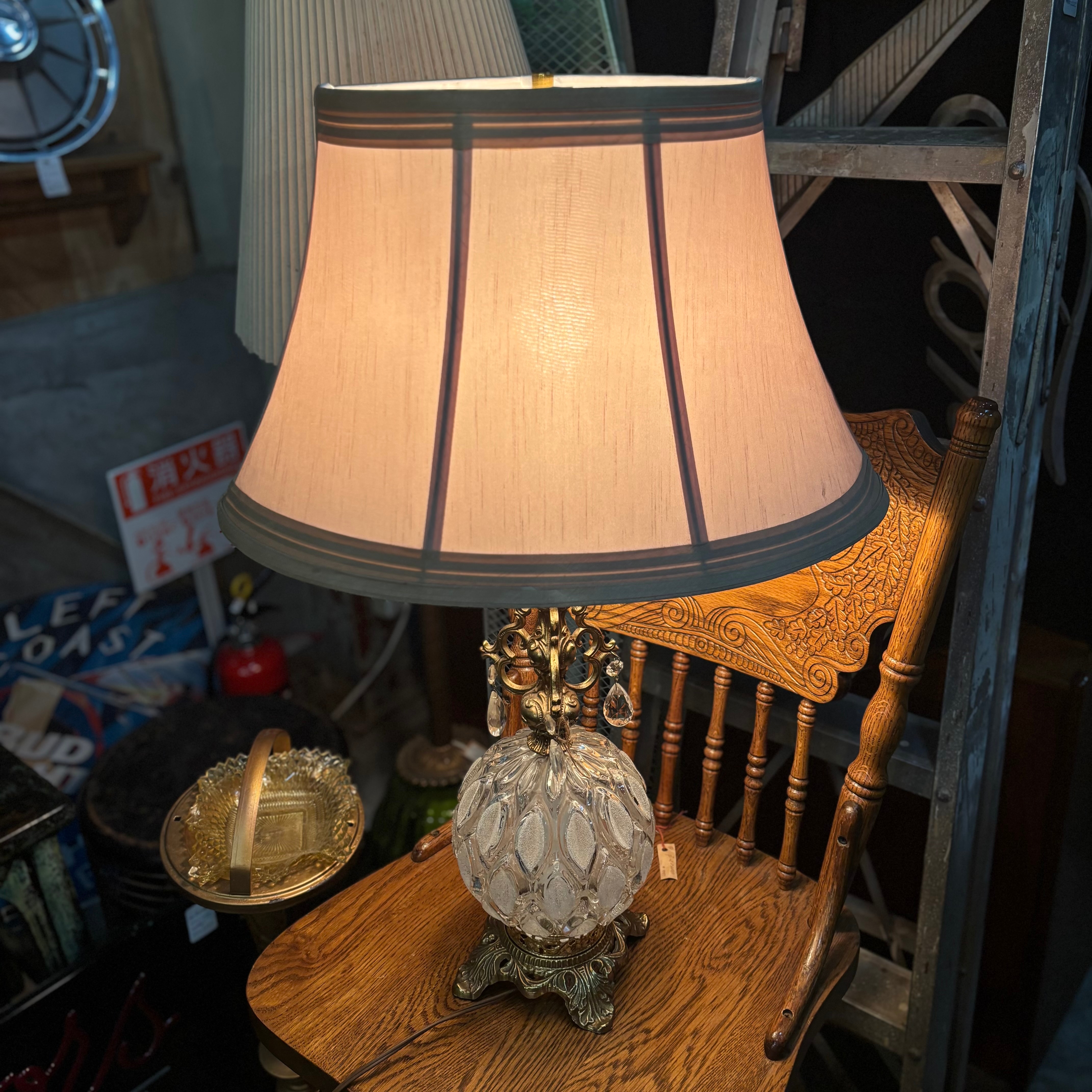 Vintage Crystal & Brass Table Lamp with Fabric Shade