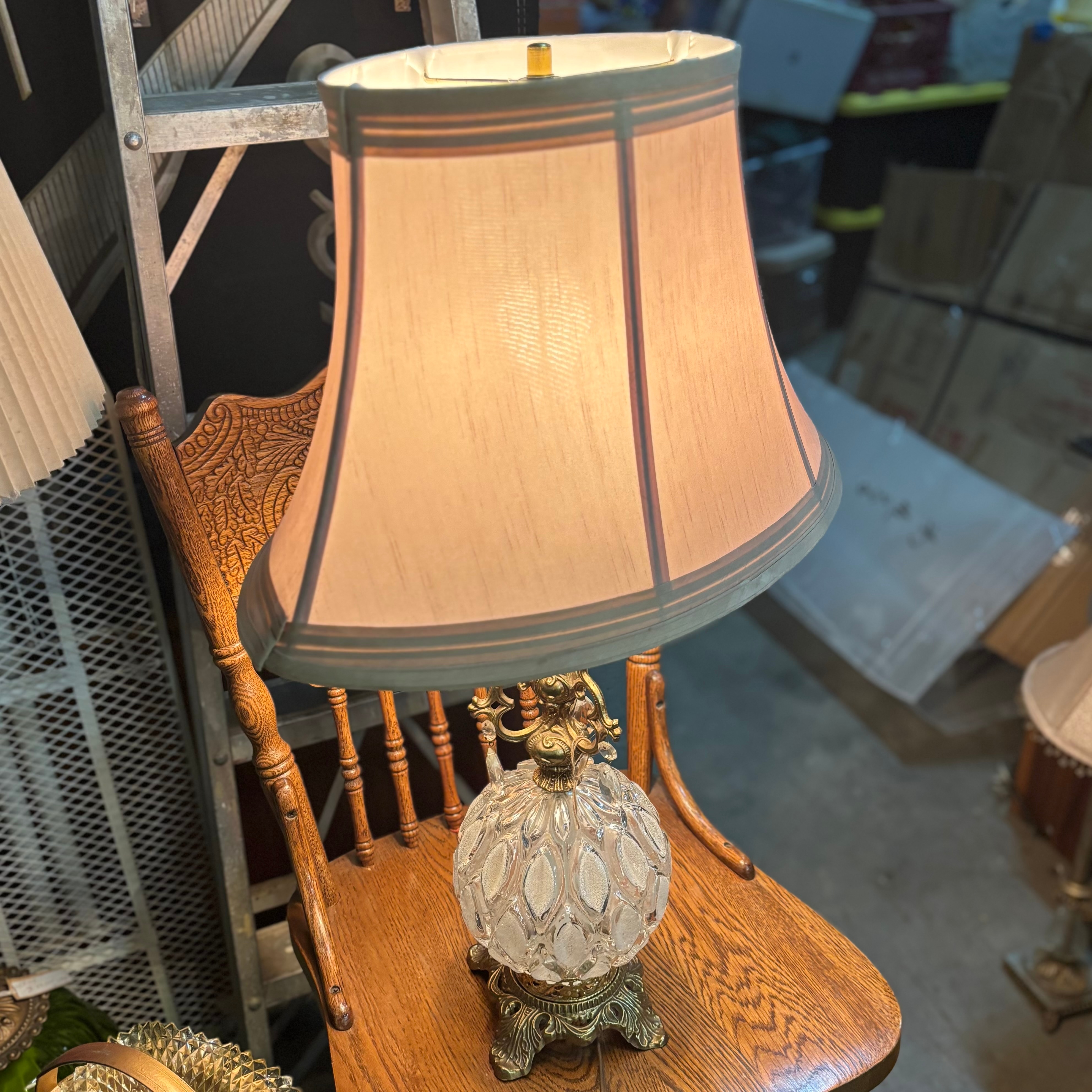 Vintage Crystal & Brass Table Lamp with Fabric Shade