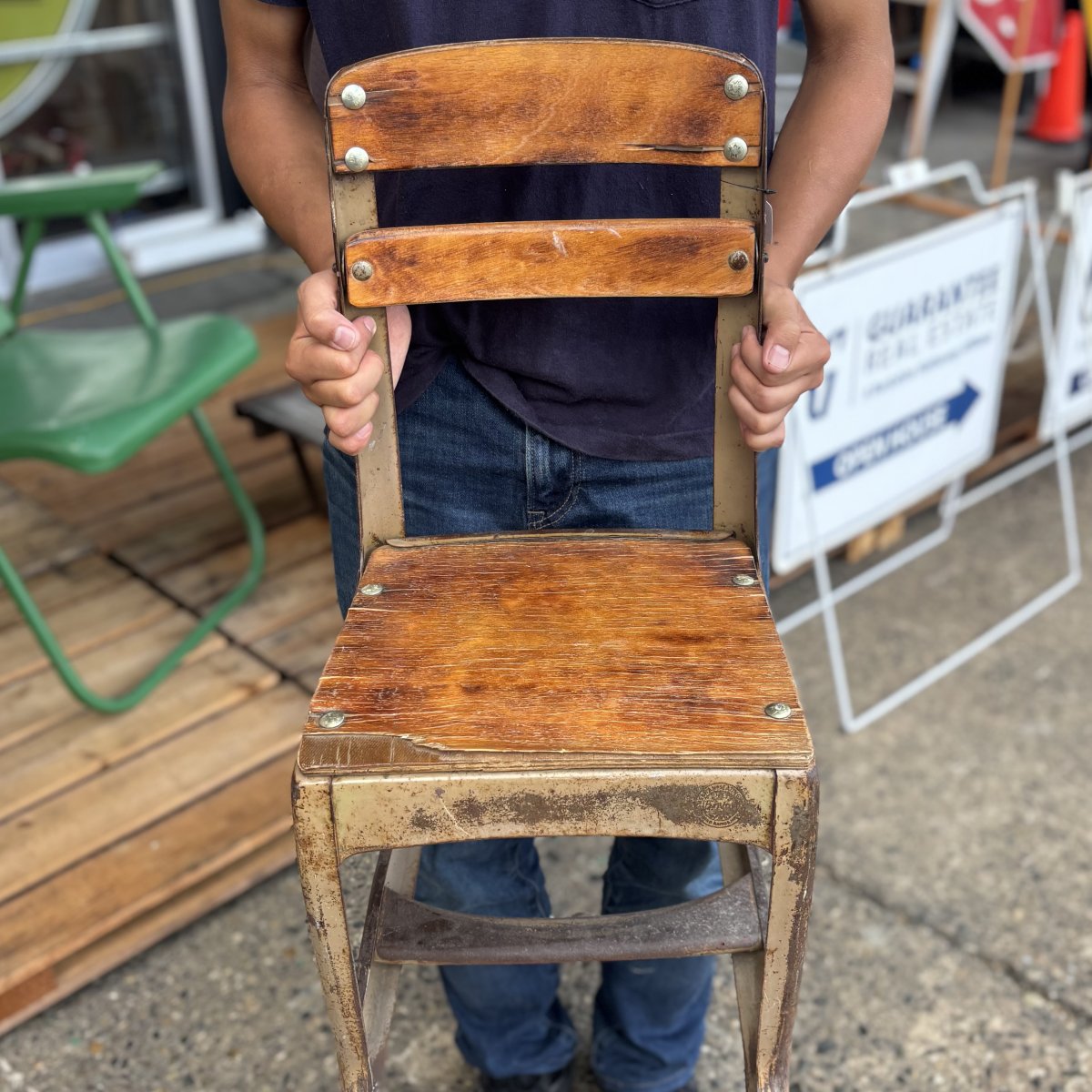 Vintage Industrial School Chair – Wooden Seat & Back