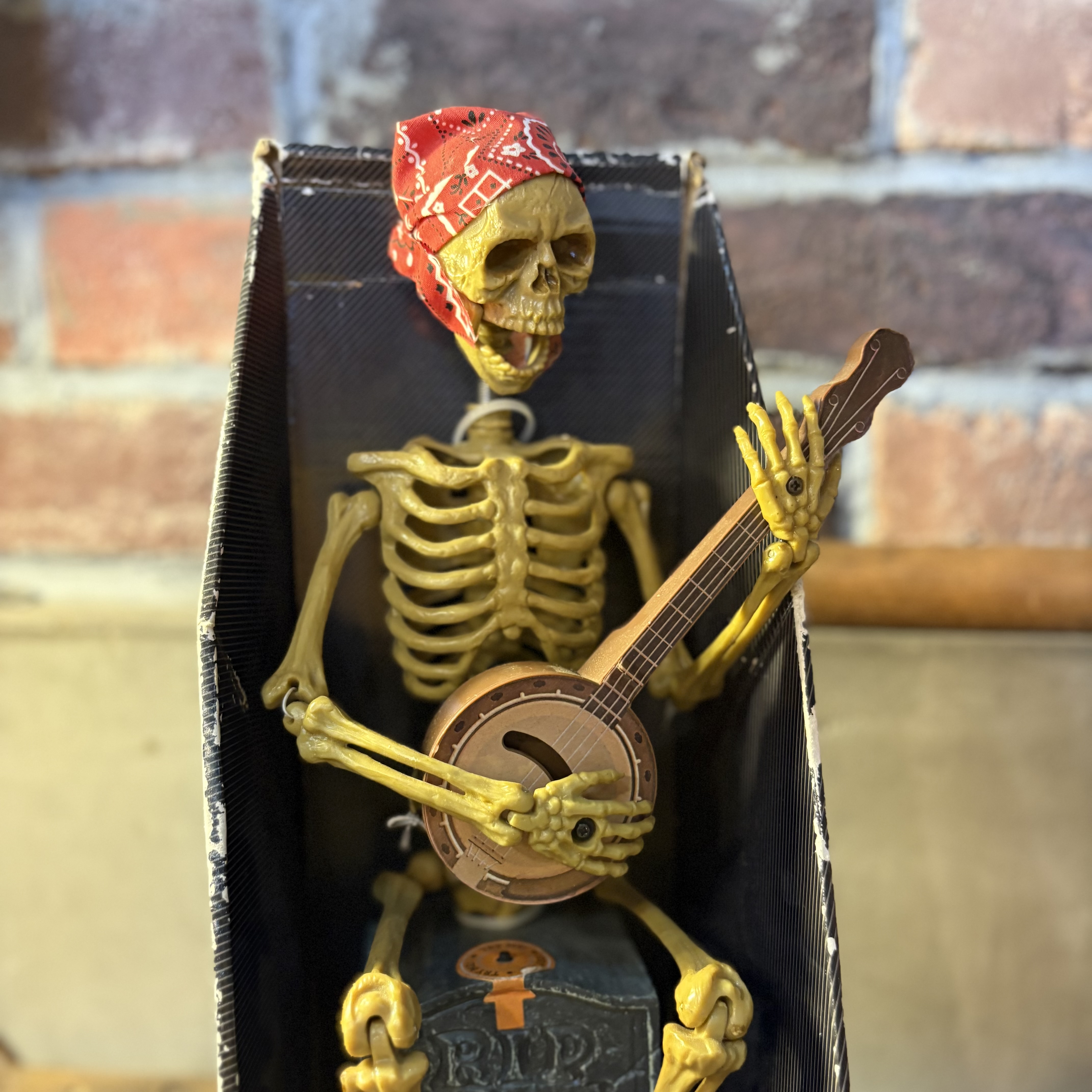 Vintage Animated Banjo Skeleton Toy in Coffin Box