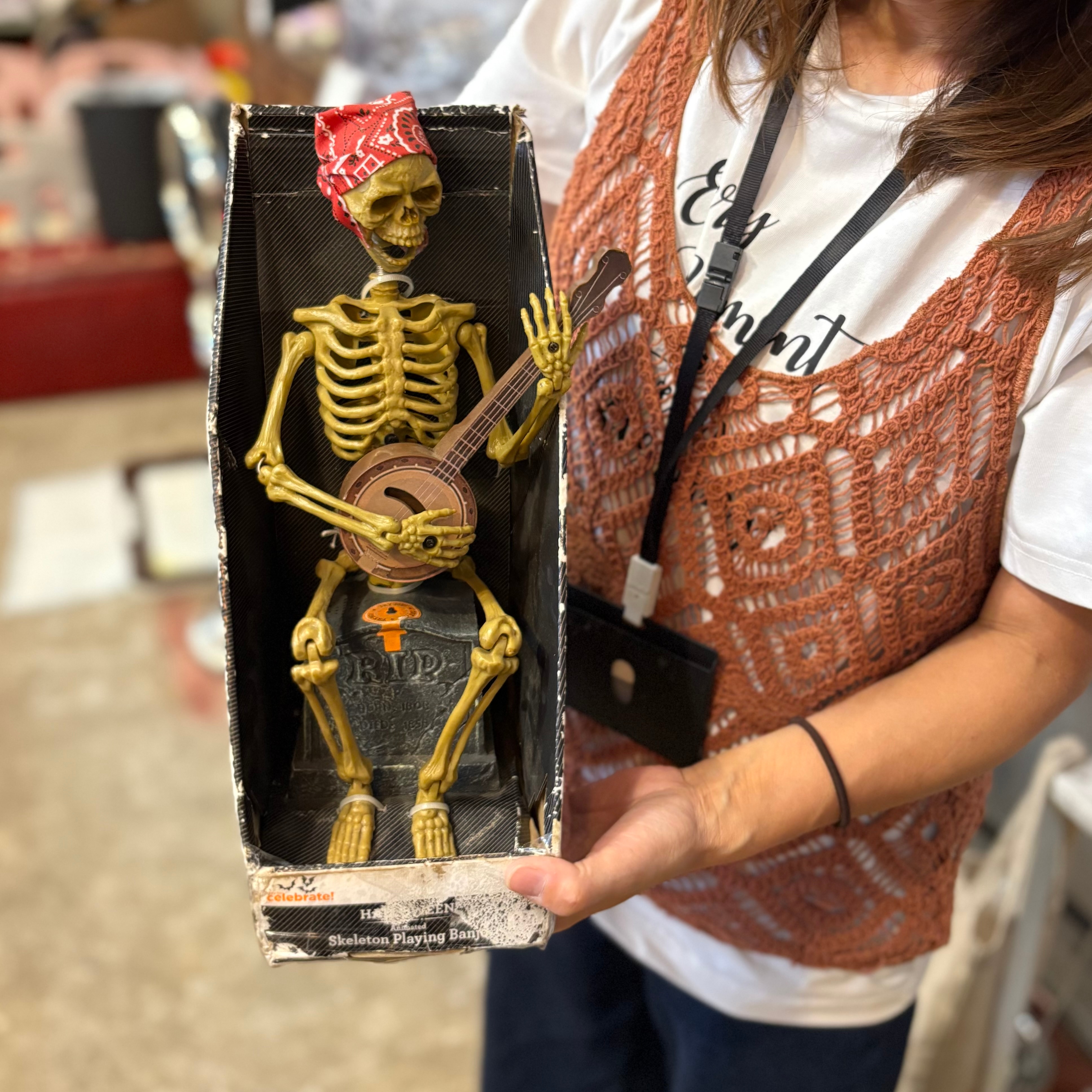Vintage Animated Banjo Skeleton Toy in Coffin Box