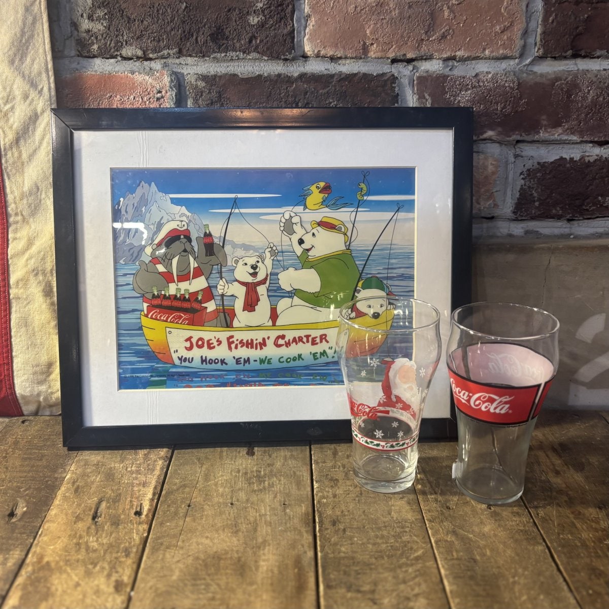 Coca-Cola “Joe’s Fishin’ Charter” Framed Art & Glass Set