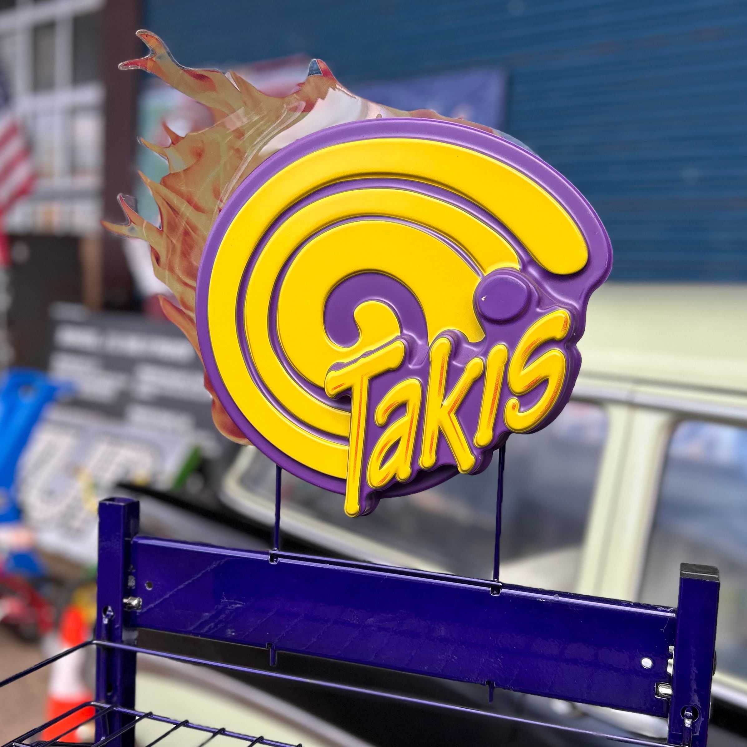 Takis Brand Purple Industrial Display Shelf - Rolling Store Fixture