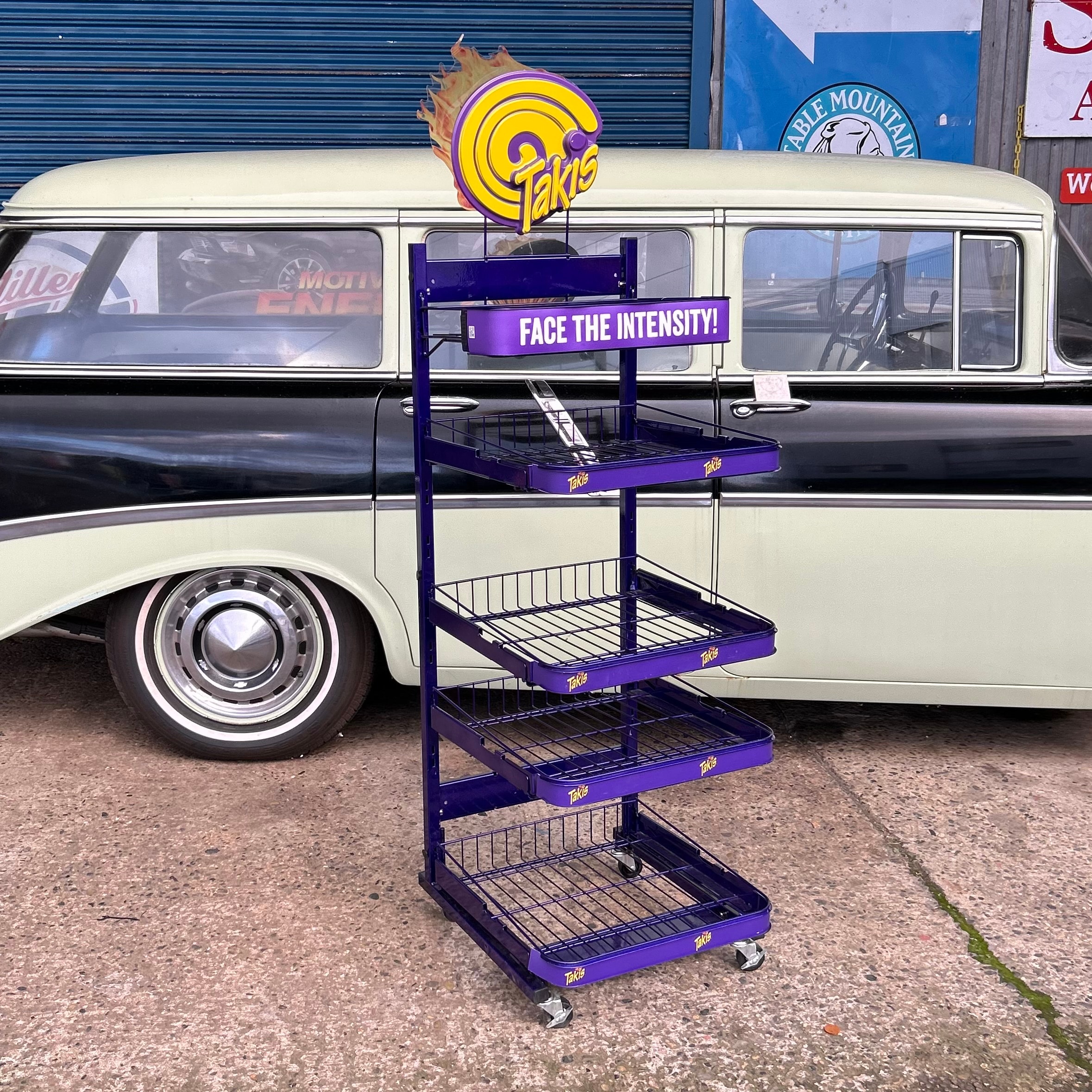 Takis Brand Purple Industrial Display Shelf - Rolling Store Fixture