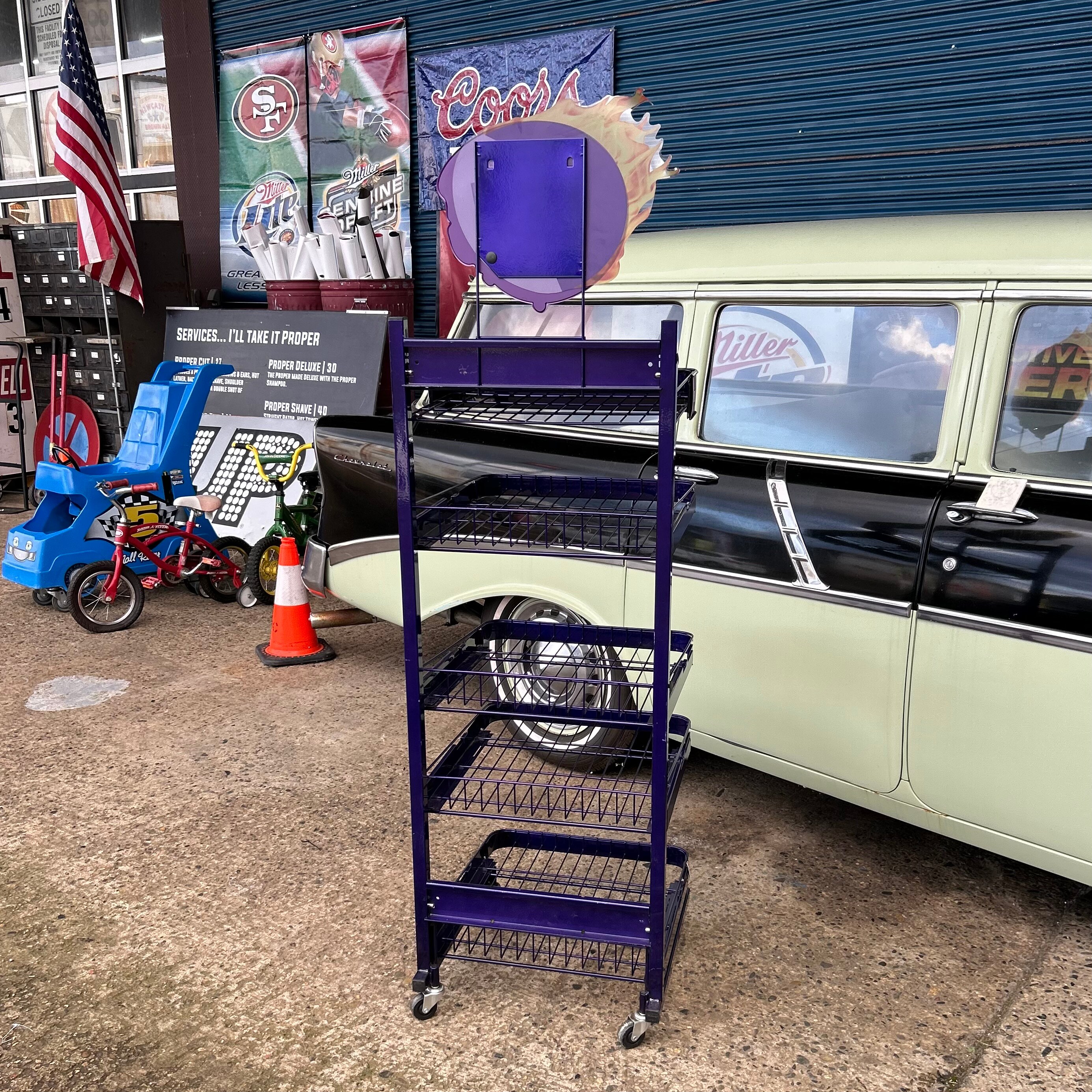 Takis Brand Purple Industrial Display Shelf - Rolling Store Fixture