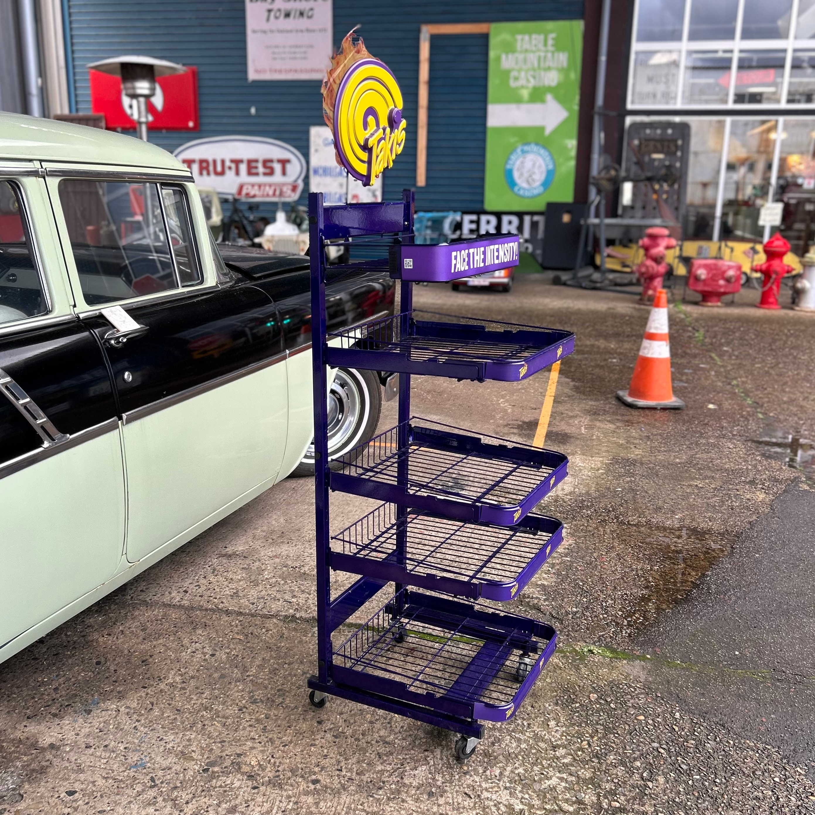 Takis Brand Purple Industrial Display Shelf - Rolling Store Fixture