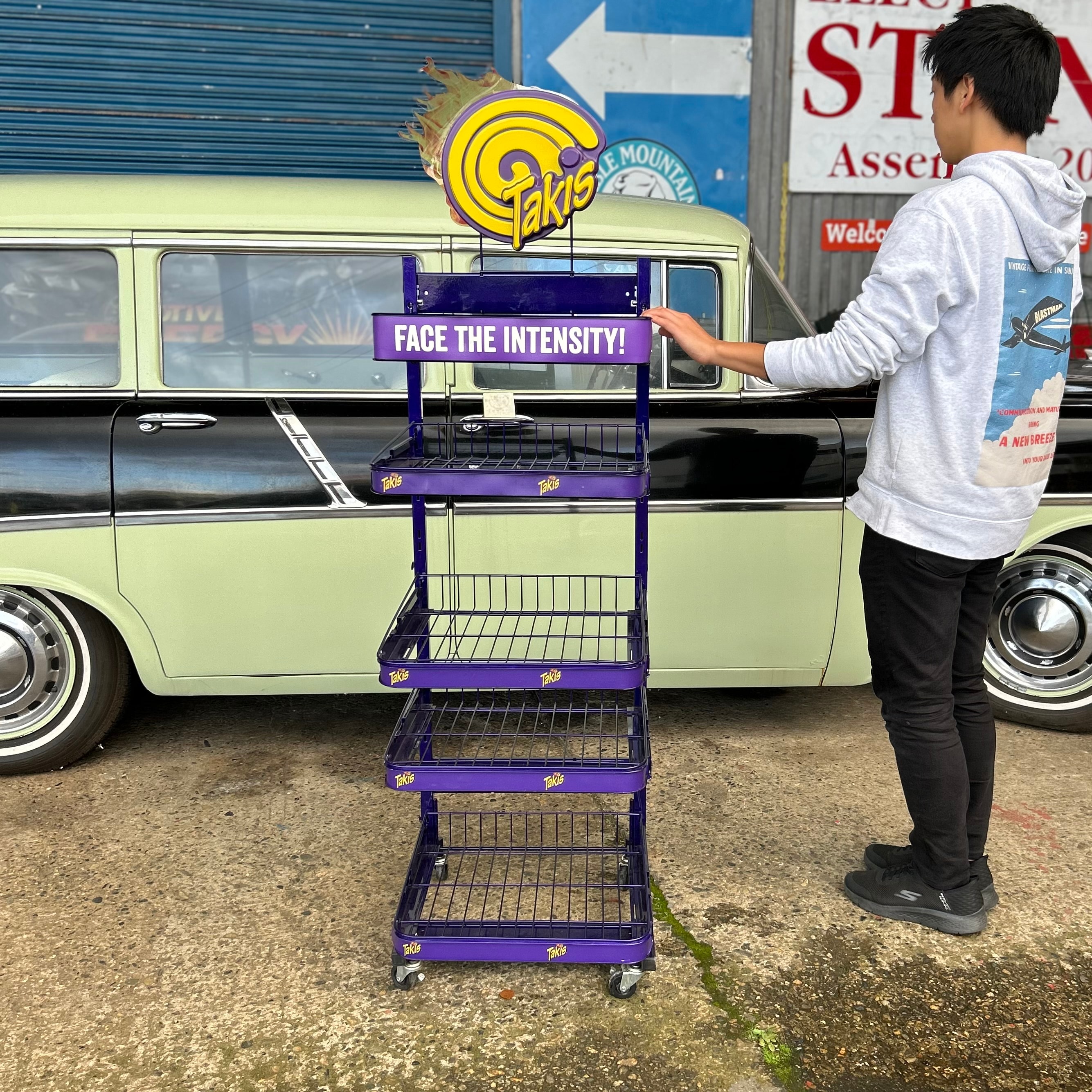 Takis Brand Purple Industrial Display Shelf - Rolling Store Fixture