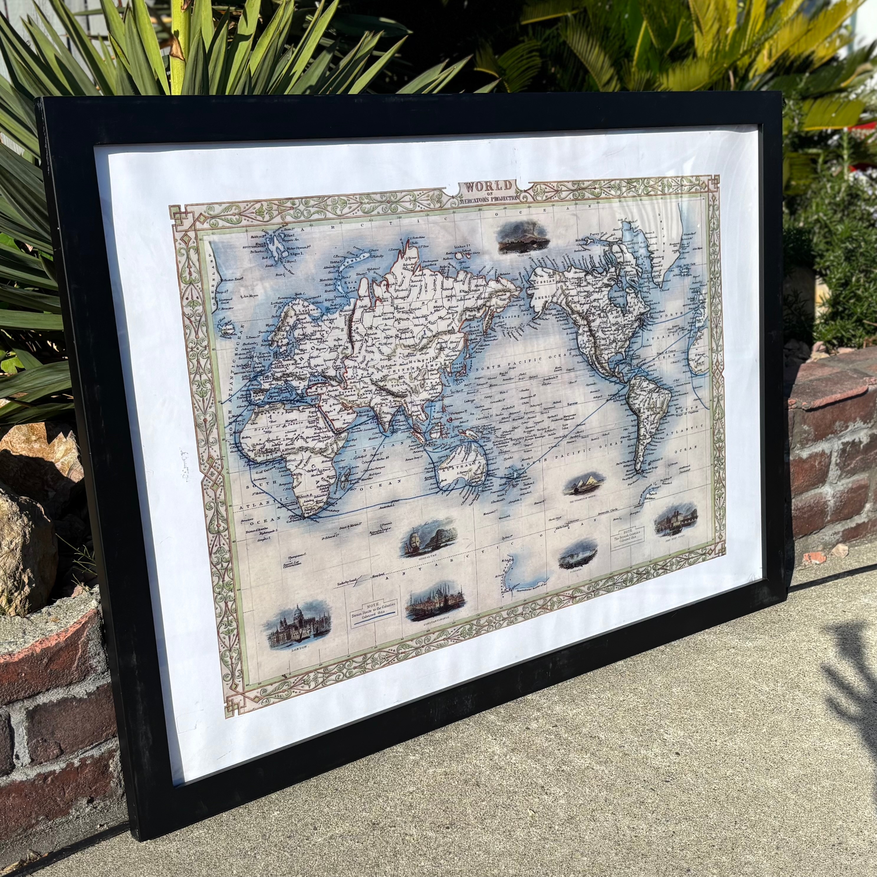 Vintage-Style World Map Print in Black Frame
