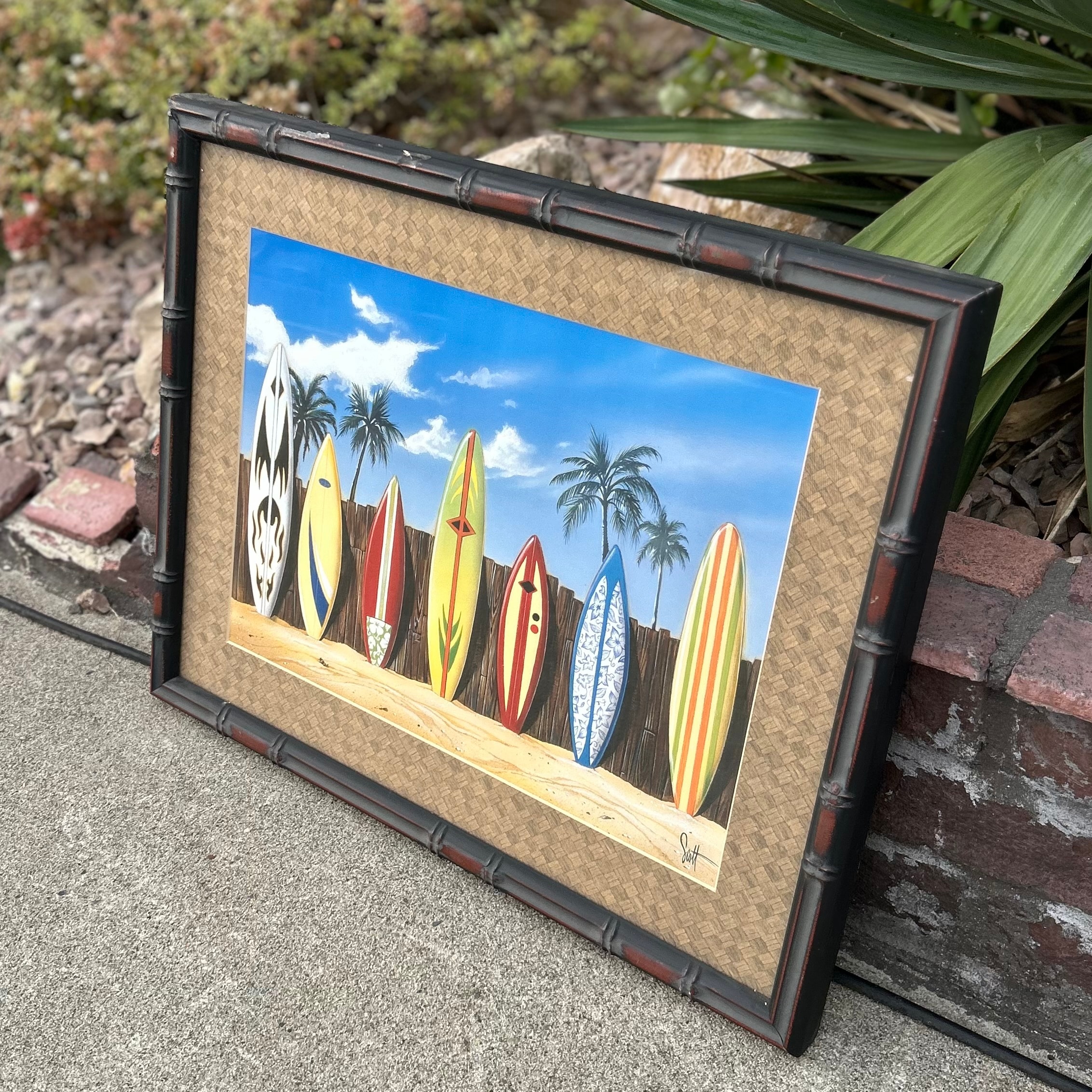 Vintage Hawaiian Surfboard Art in Faux Bamboo Frame | 🌴