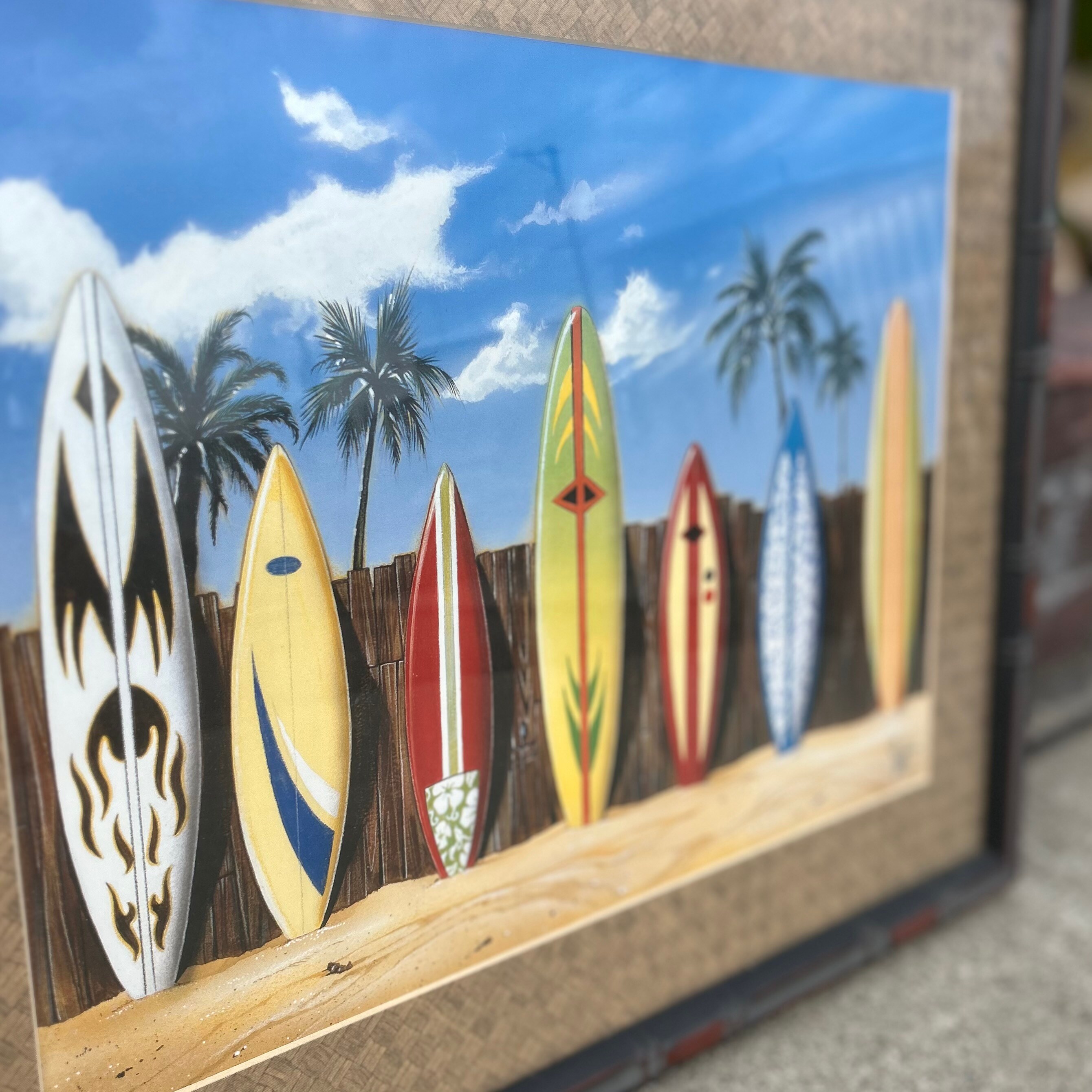 Vintage Hawaiian Surfboard Art in Faux Bamboo Frame | 🌴