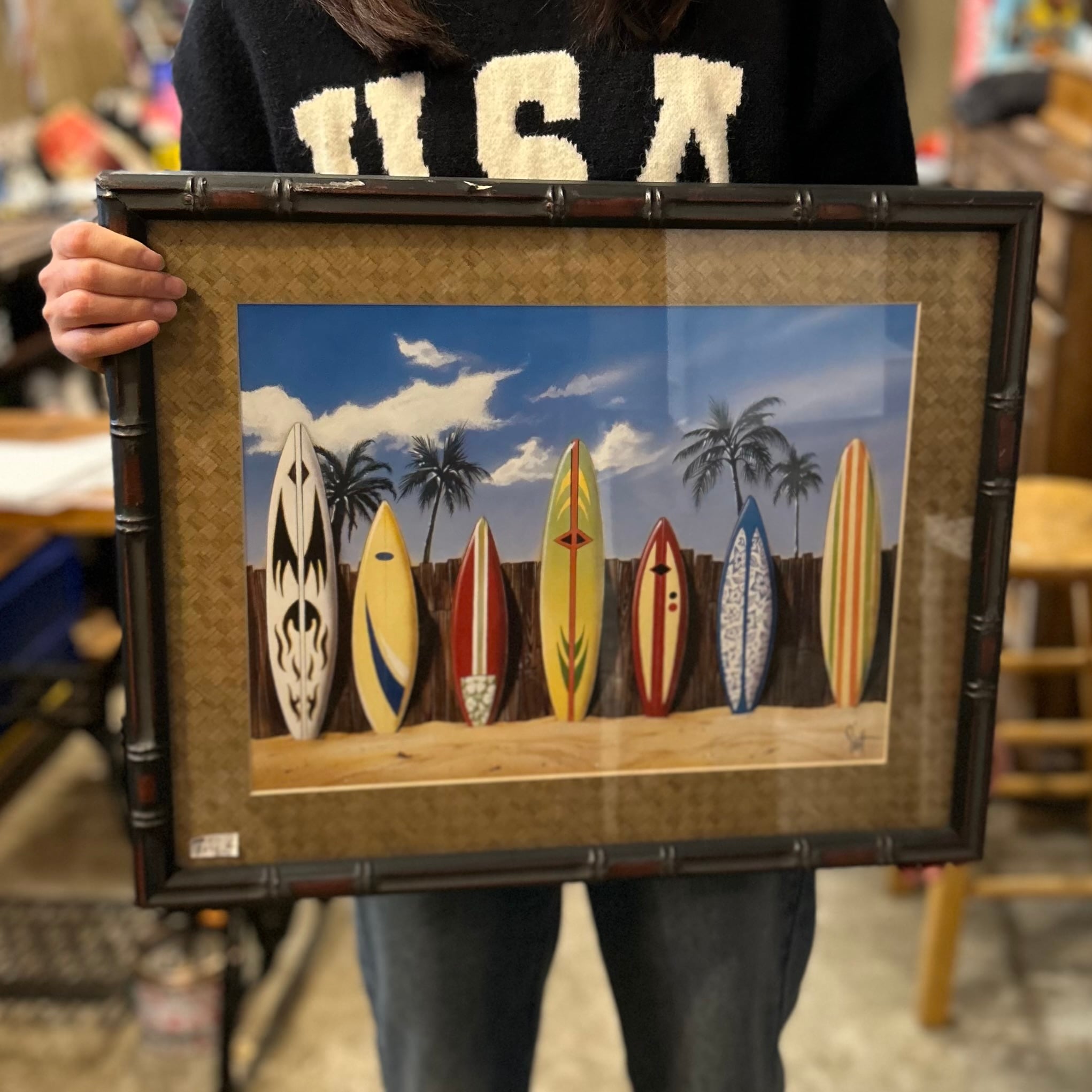アメリカン50'sミッドセンチュリーハワイアントロピカル風景画 バンブーフレーム Vintage Hawaiian Surfboard Art in Faux Bamboo Frame | 🌴
