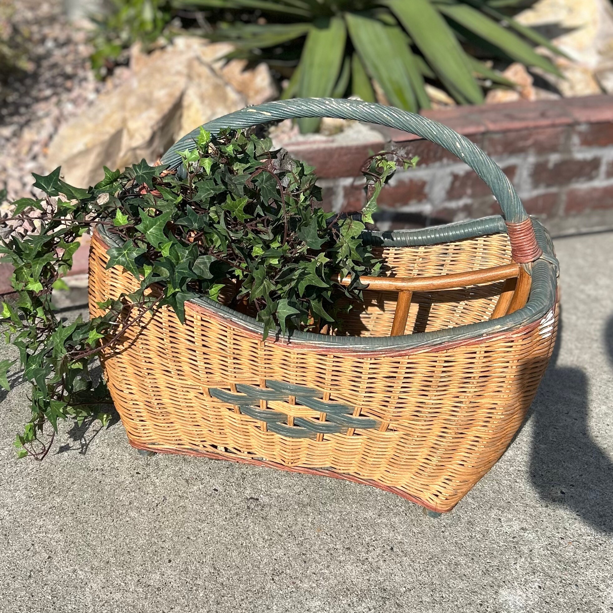 Vintage Woven Rattan Basket with Rope Handle & Faux Greenery Set