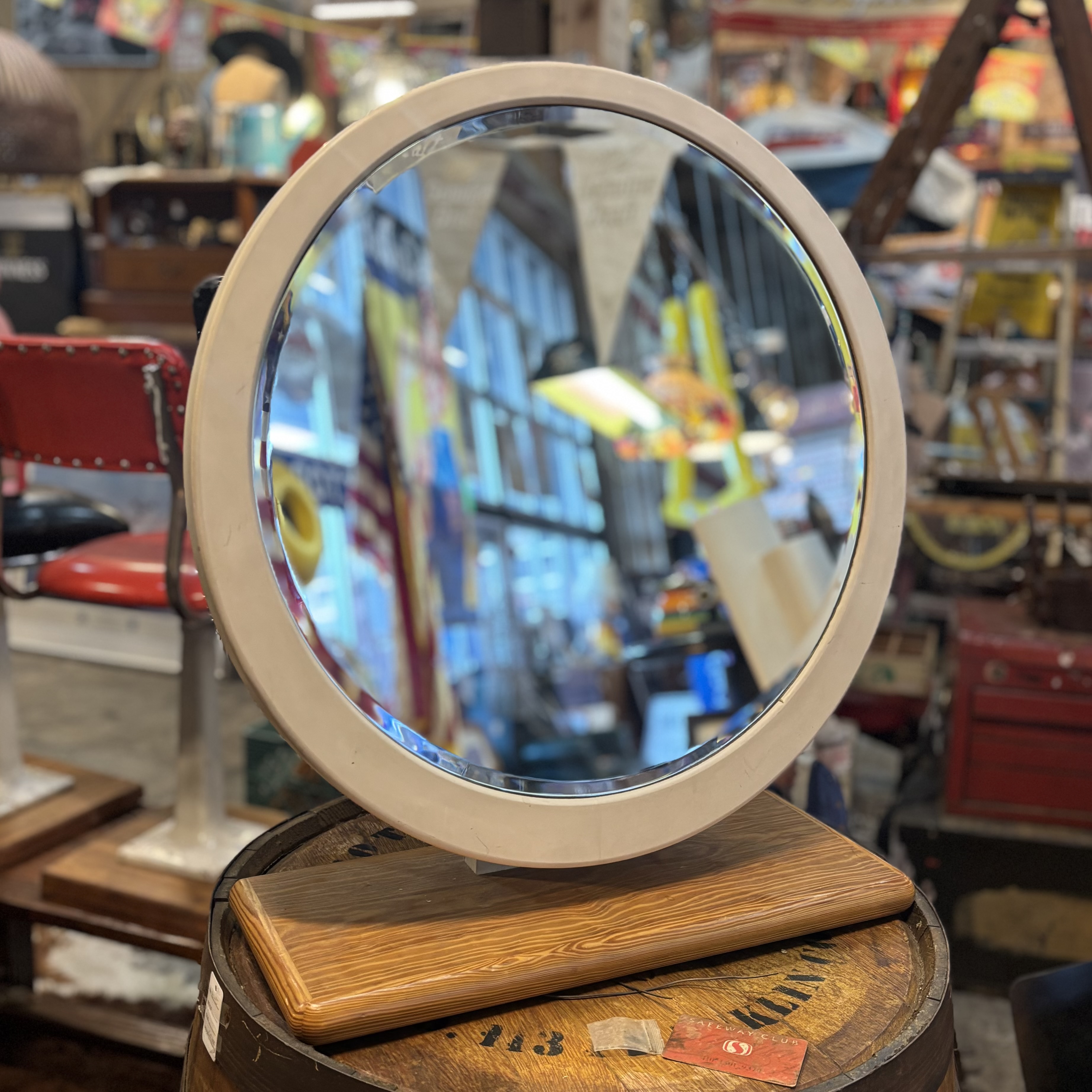 Vintage Adjustable Round Table Mirror with Wooden Base