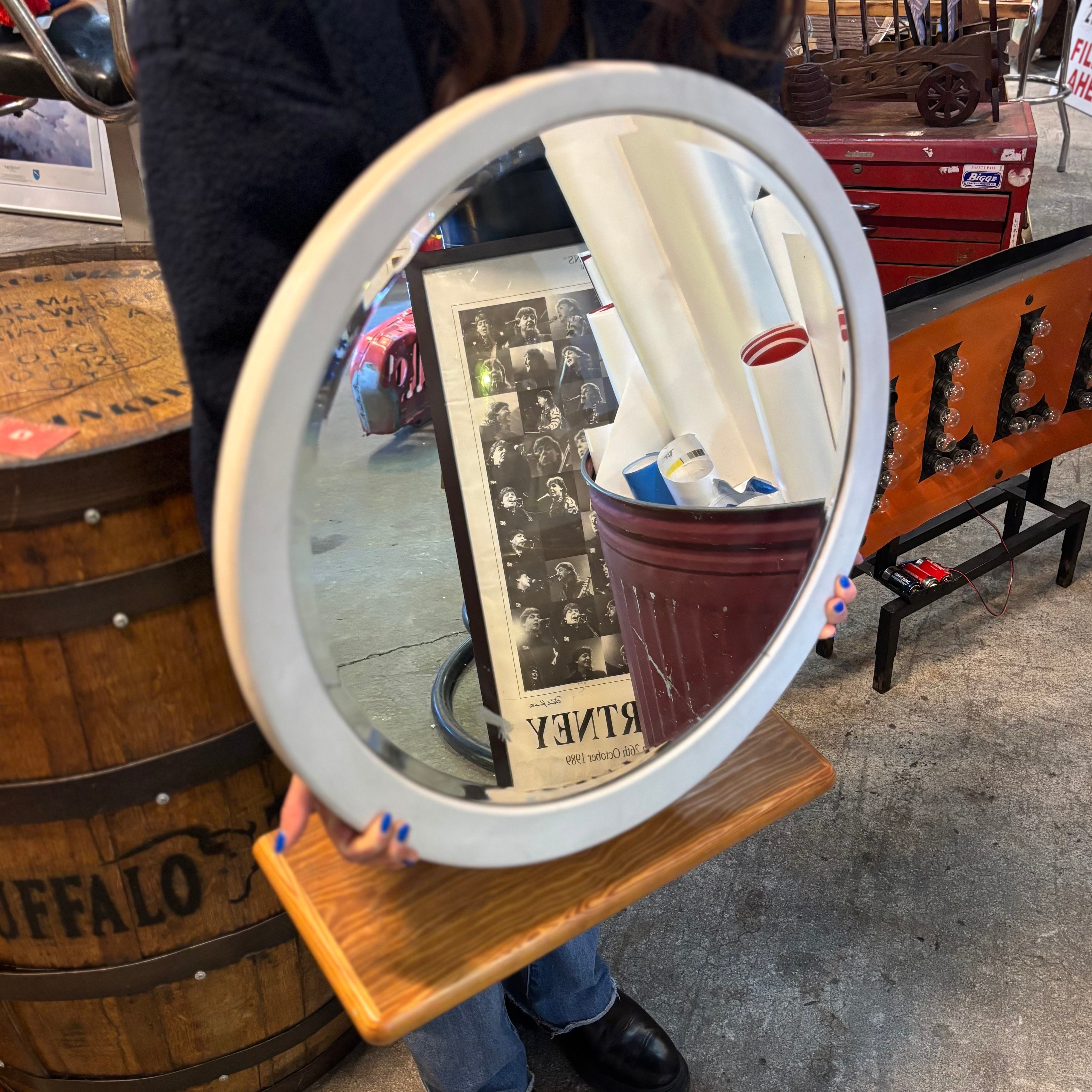 Vintage Adjustable Round Table Mirror with Wooden Base