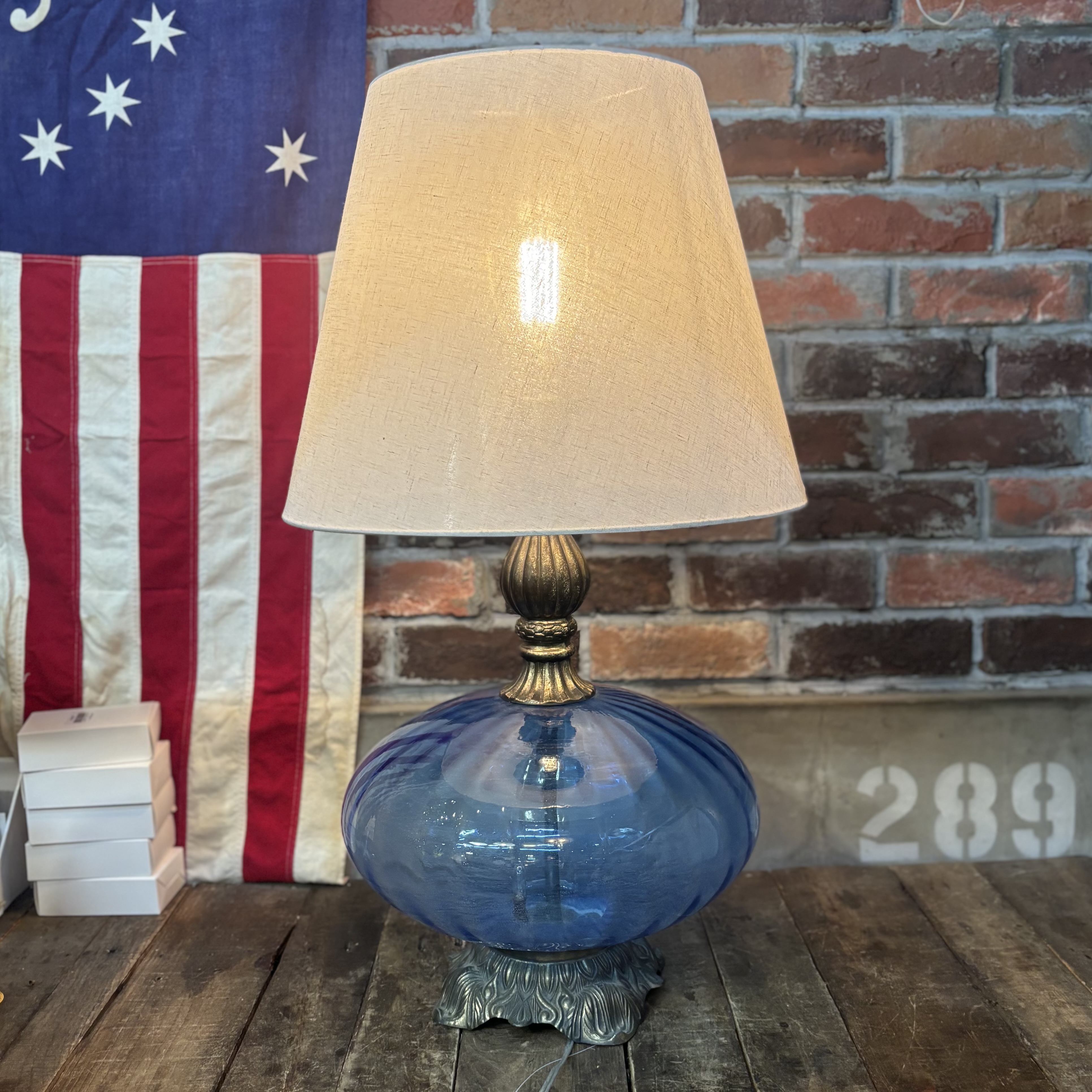 Vintage Two-Way Blue Glass Table Lamp with Fabric Shade