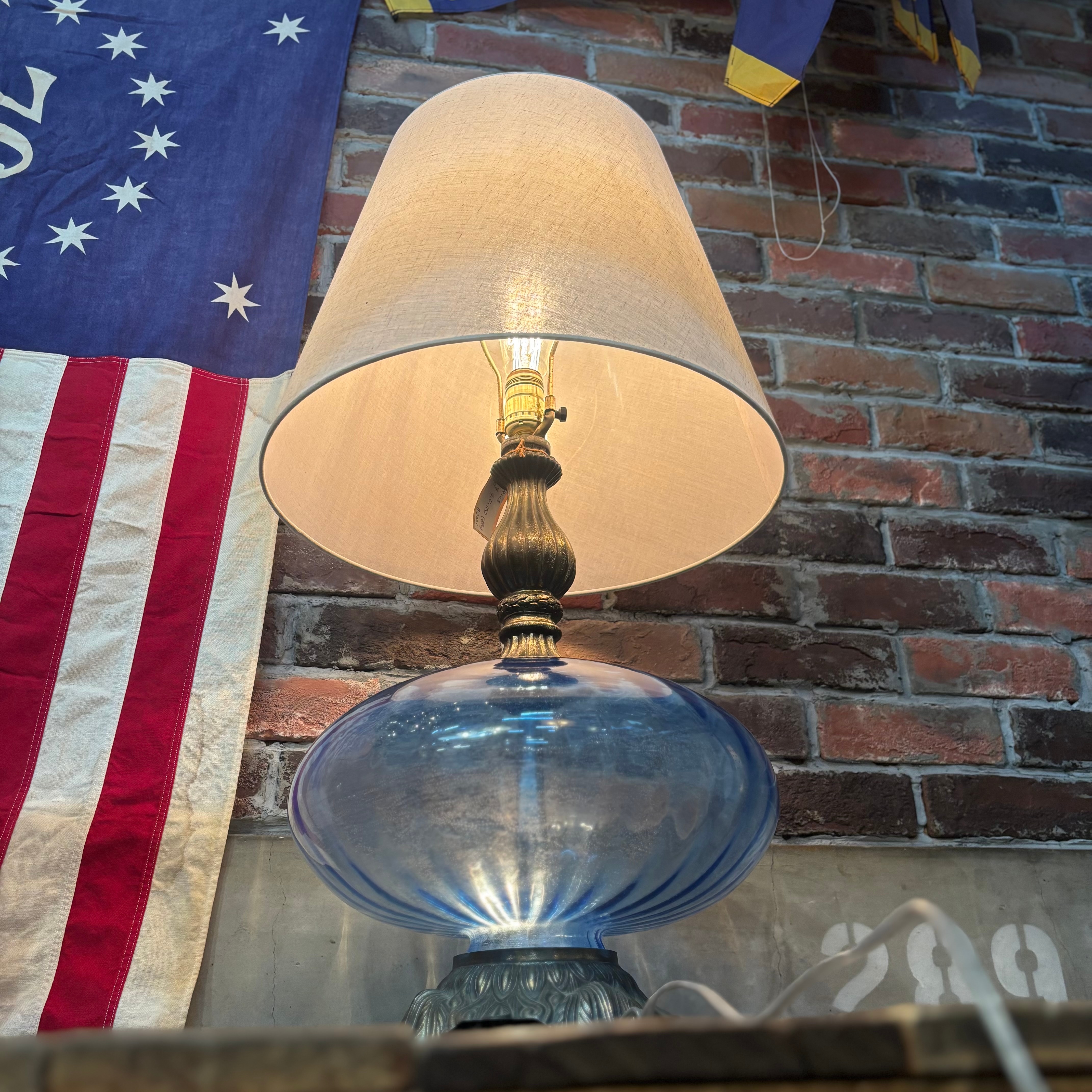 Vintage Two-Way Blue Glass Table Lamp with Fabric Shade