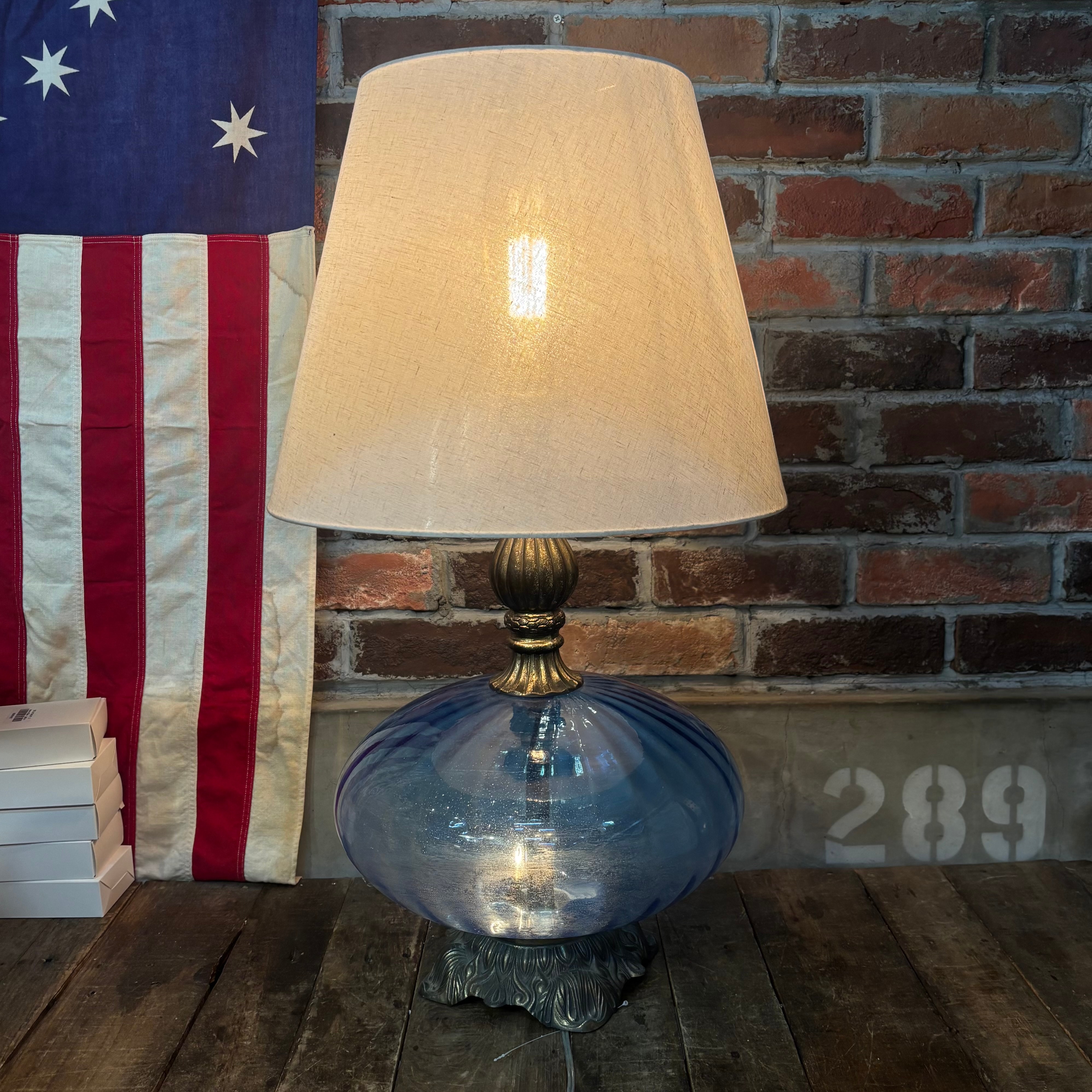 Vintage Two-Way Blue Glass Table Lamp with Fabric Shade Vintage Two-Way Blue Glass Table Lamp with Fabric Shade