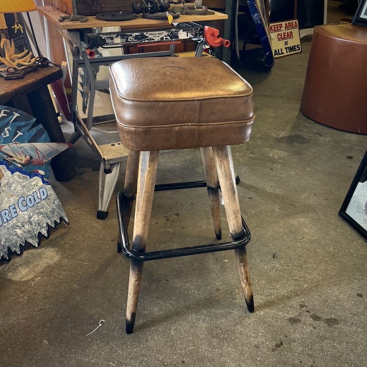 Vintage Wooden Bar Stool with Leather Seat