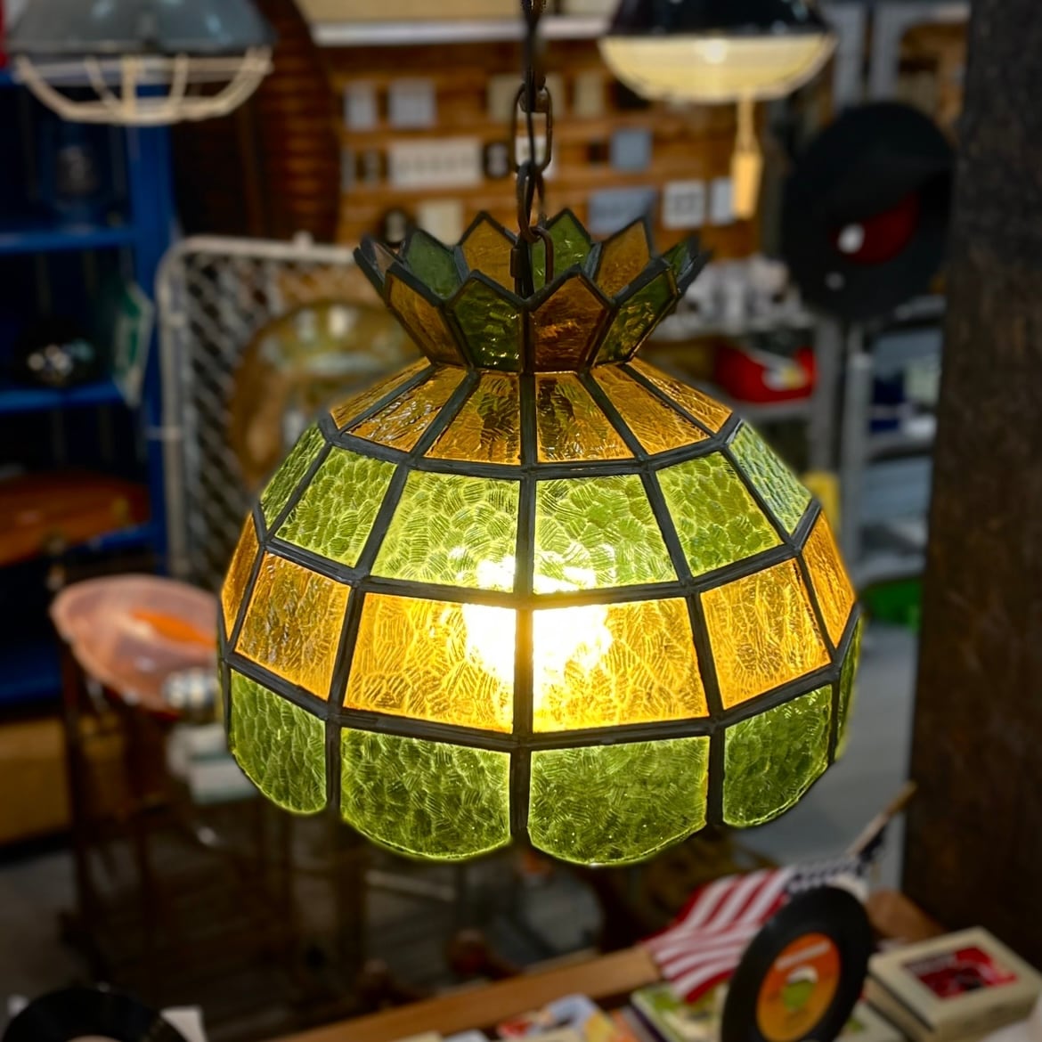 Vintage Stained Glass Pendant Lamp – Green & Amber