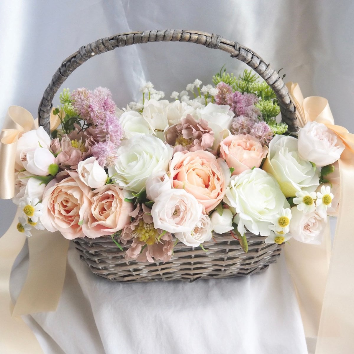 バスケットブーケ【ナチュラルカラー】(ブートニア付き)|ウェディング
